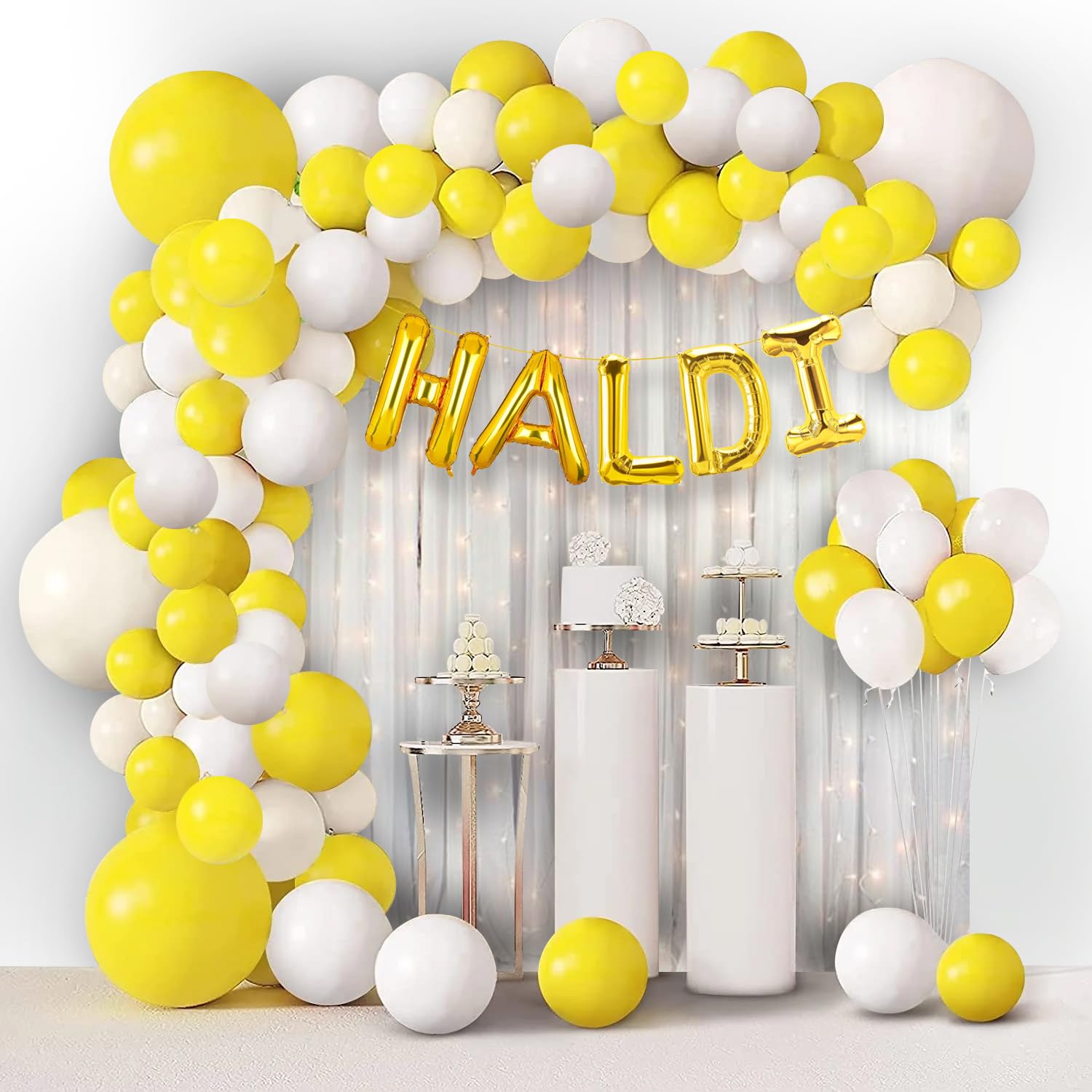 Party Propz Haldi Decoration Items for Home - 56Pc Haldi Balloons for Decoration, Haldi Foil Balloon, White Curtain for Haldi Backdrop, LED Light, Haldi Decoration Set, Haldi Ceremony Decoration Items