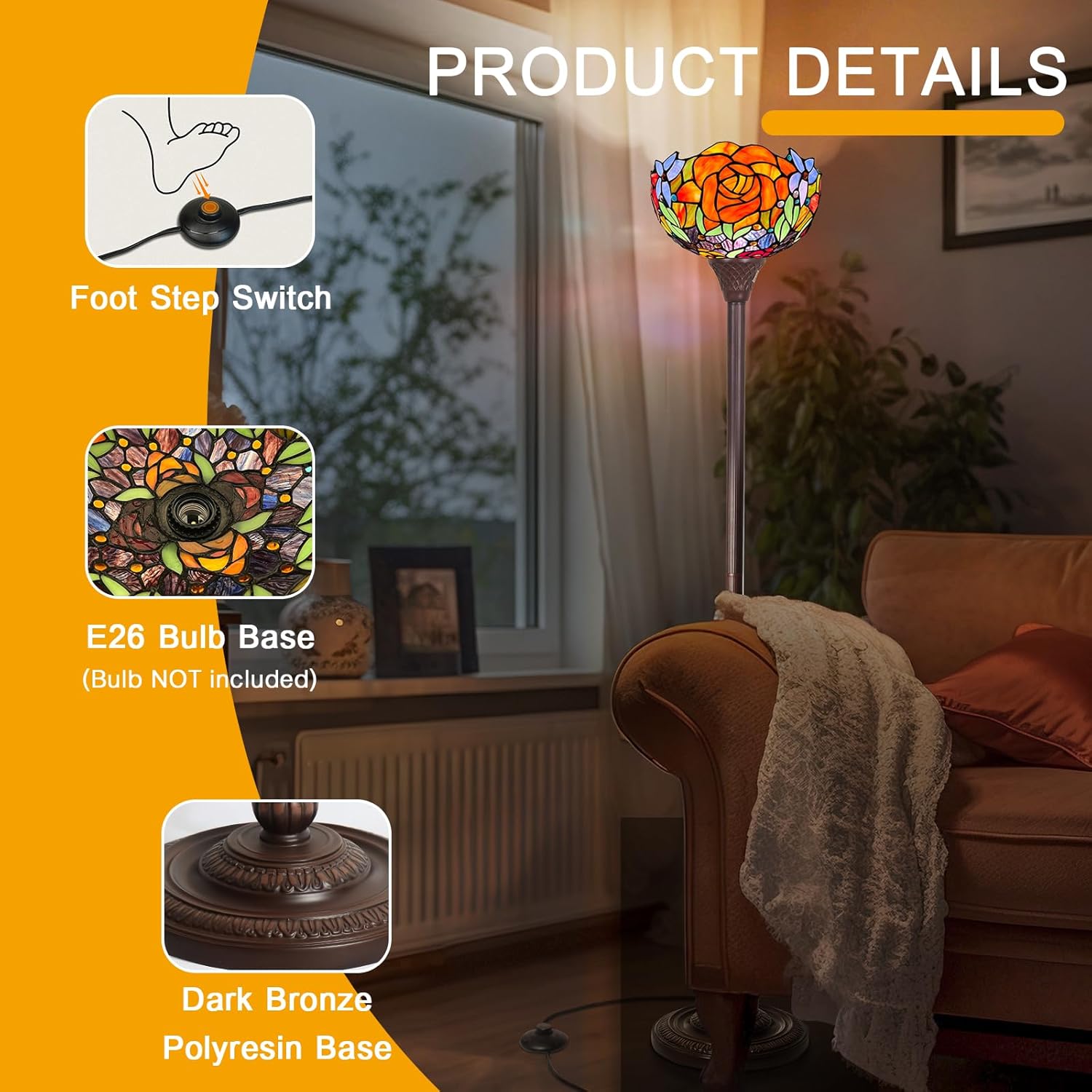 Capulina Tiffany Lamp Stained Glass Torchiere Floor Lamp 12x12x70 Inches Industrial Blackish Bronze Pole Yellow Red Rose Tiffany Style Standing Lamp for Living Room Bedroom Home Office