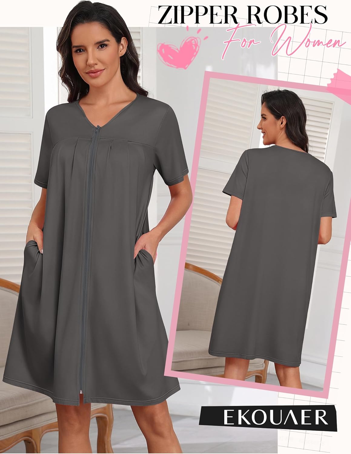 Ekouaer Zipper Robes for Women Short Knit Bathrobes Lightweight Knee Length Housecoat with Pockets Nightgown S-3XL - Image 2