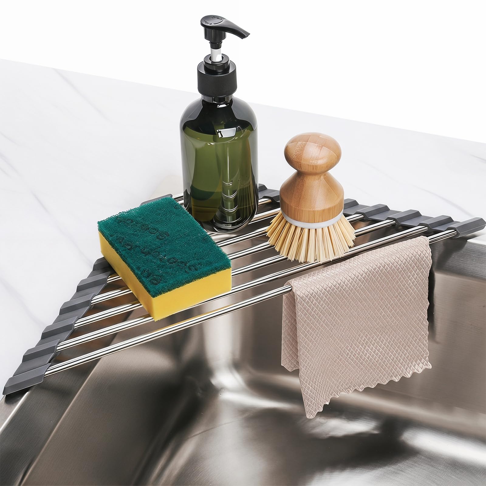 Escurridor de platos plegable triangular Tomorotec sobre fregadero de acero