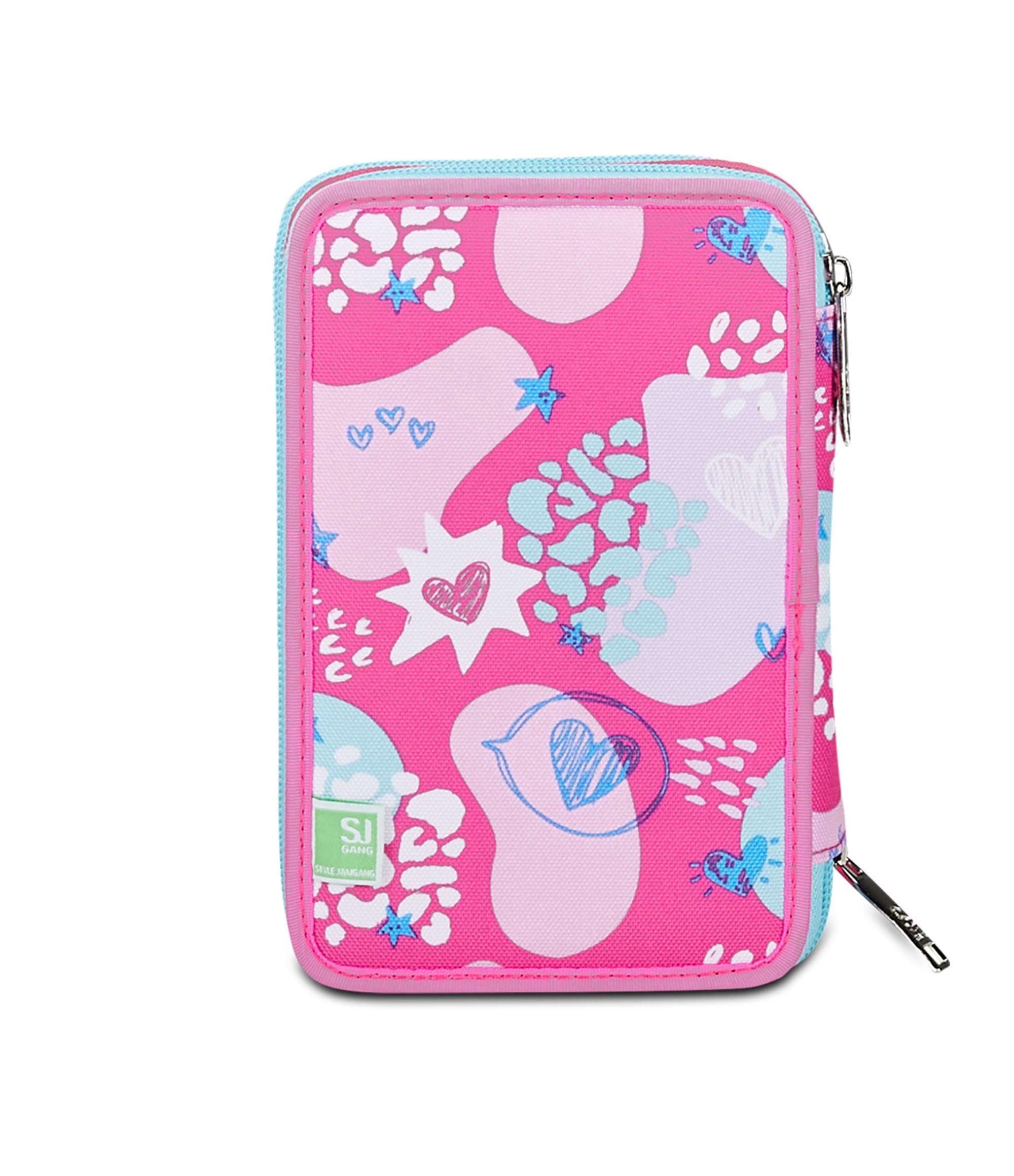 SJ Gang Astuccio Scuola 3 Zip, Rosa, Pinkfur, Portapenne Triplo Scomparto Completo Di Penne, Matite, Colori, Accessori Zaino, Elementari, Medie, Bambina, 30C202431-5C1