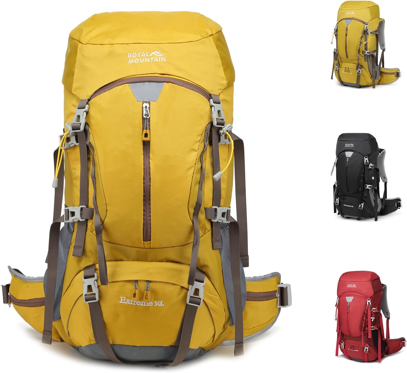 50L Hiking Backpack - Water-Resistant Nylon Bag with Flap Top, Camping Travel Backpack for Men Women (Yellow)