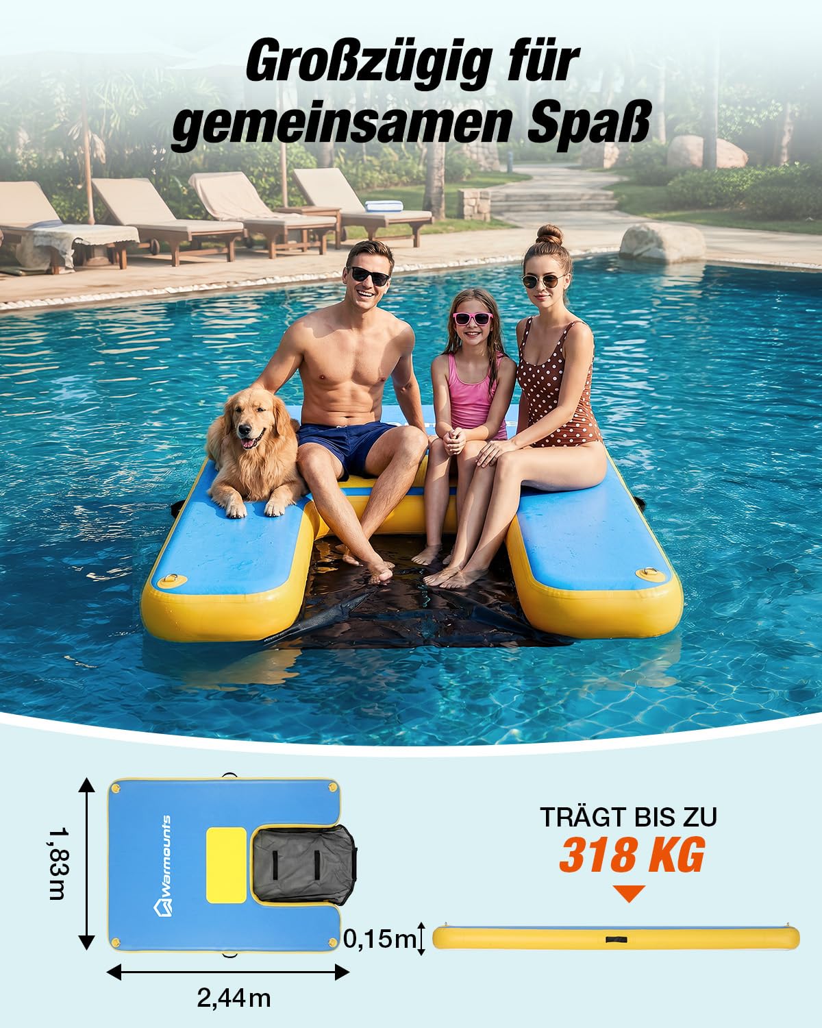 WARMOUNTS Aufblasbare Schwimminsel mit Hunderampe, 244x183cm Schwimmplattform Wassermatte für Erwachsene und Hunde, 317kg Tragkraft Drop-Stitch Badeinsel mit Pumpe, Tasche für See, Pool und Boot