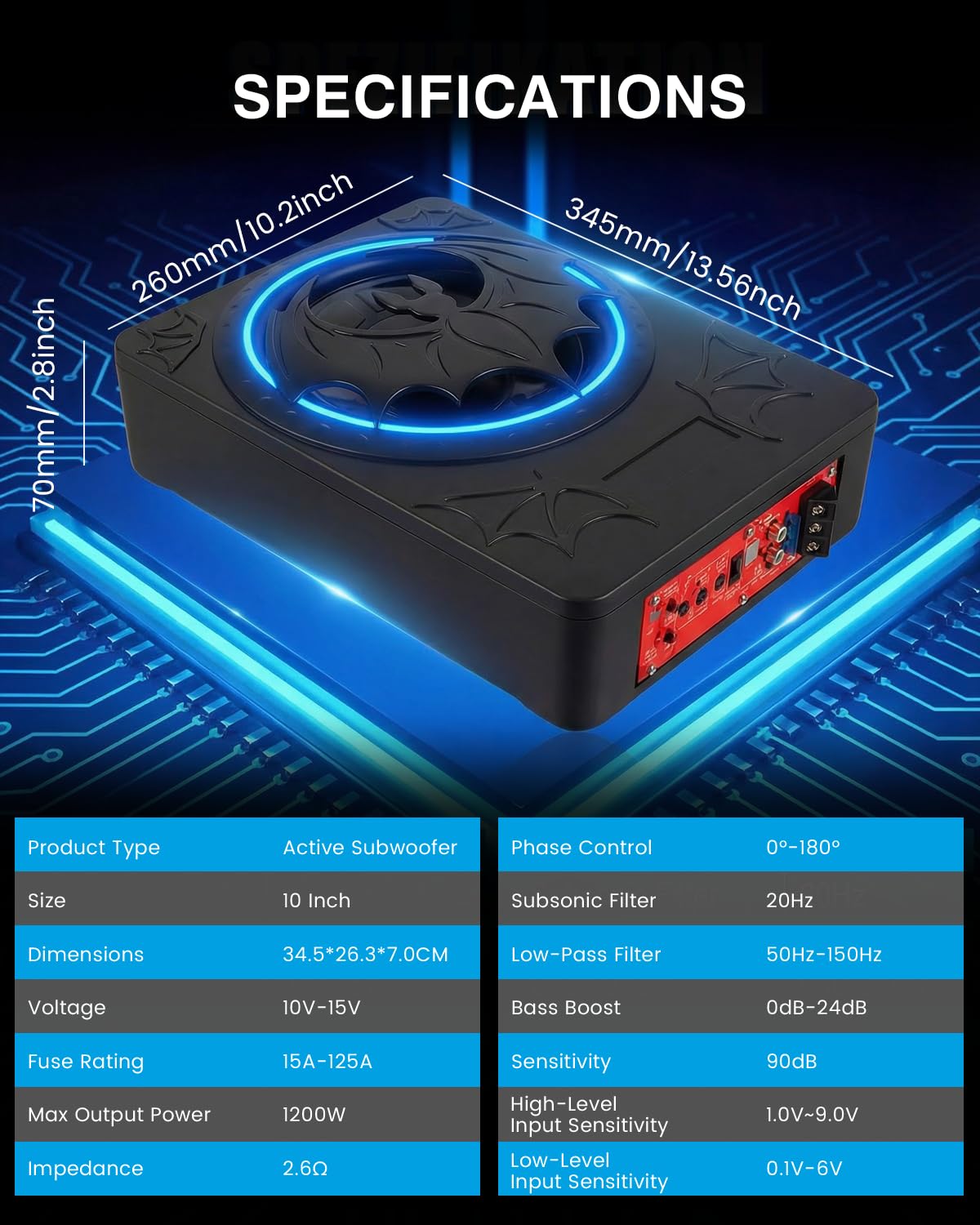 Subwoofer Activo para Coche, Que se Puede Instalar Debajo del Asiento, con una Potencia Máxima de 1200 Vatios, Amplificador Integrado y Luces Ambientales RGB Controlables a Través de Una Aplicación