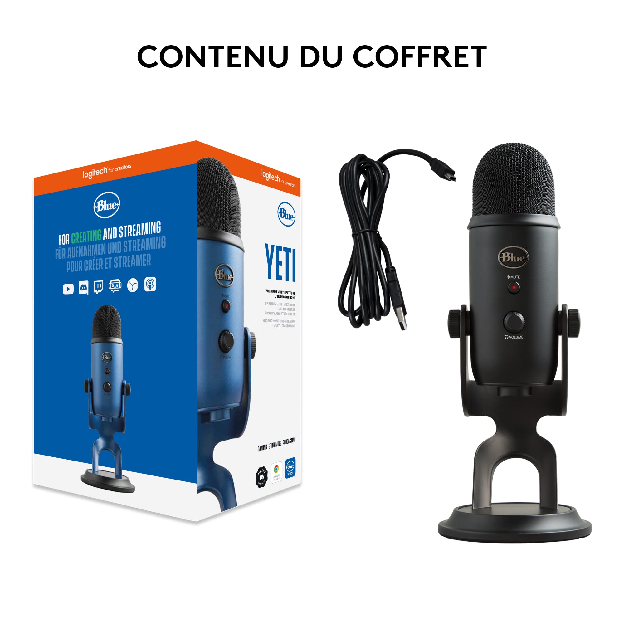 Logitech for Creators Blue Yeti Microphone USB pour Enregistrer, Streaming, Gaming, Podcast sur PC & Mac, Micro condensateur pour ordinateur portable et PC avec Effets Blue VO!CE, Plug and Play - Noir