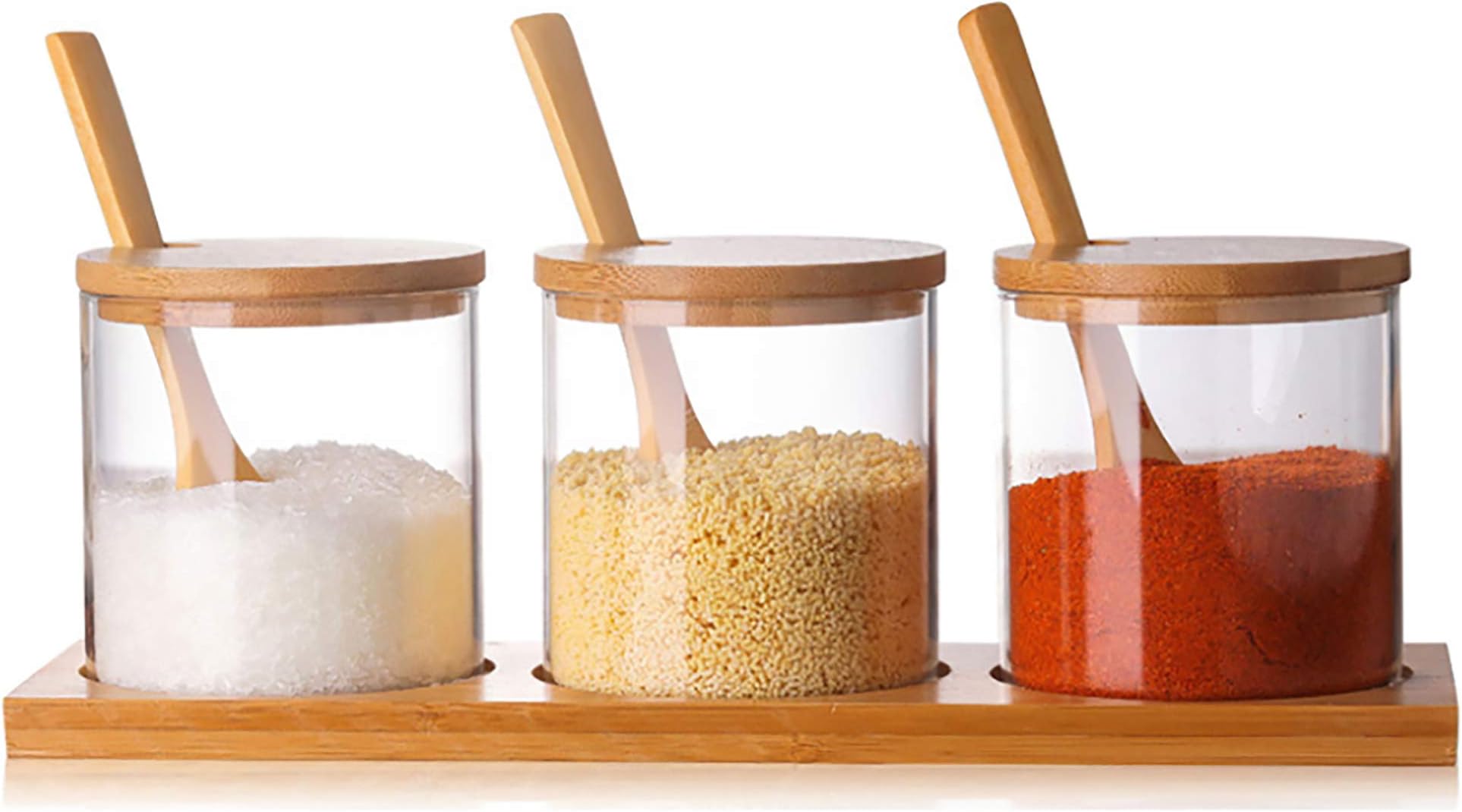 FANTESTICRYAN Glass Tea,Coffee, Sugar Set, Condiment Pots Seasoning Box Containers Sugar Bowls Spice Jar Set with Wooden Spoon Lid and Base