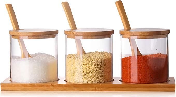 3 PCS Stylish Simple Condiment Canisters Pots Set, Decorative Storage Seasoning Glass Container Box with Bamboo Spoon Lid and Base for Home Kitchen café Storing Salt Sugar Pepper Spice
