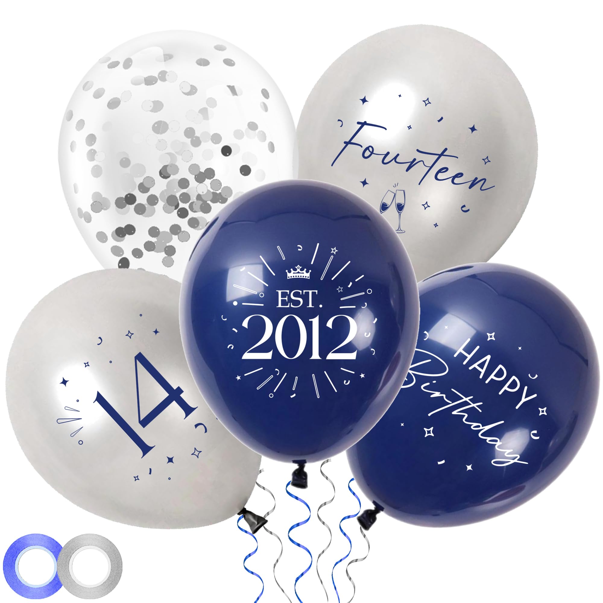 14th Birthday Decorations Party Balloons - 30pcs Blue and Silver 14 Balloons for Boys, Fourteen Latex Balloon with Ribbon for 14 Year Old Party