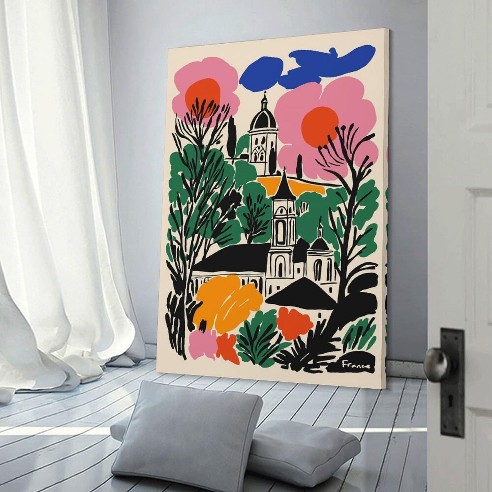 Junmoney France Landscape with Flowers And Buildings Decorative Wall Artwork 08x12inch(20x30cm), for Home Lounge, Bedroom Or Reading Nook, Modern Wall Decor for Cosy Interiors