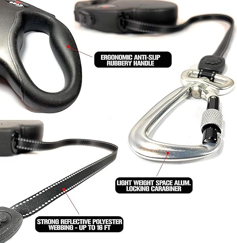 Miniatura 4 de Enthusiast Gear Correa retráctil para perros grandes y medianos con mosquetón de bloqueo  Correa de poliéster reflectante fuerte de 16 pies, 1 botón