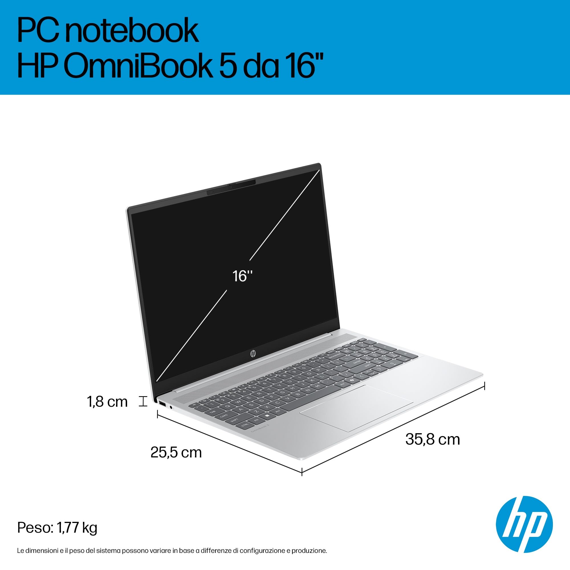 HP OmniBook 5 AI PC 16-af1001slx, Notebook, Intel Core Ultra 5 225U, 16 GB RAM, 512 GB, Grafica integrata, Display 16" 2K IPS Antiriflesso 300 nits, Laptop, Windows 11, Portatile, Argento