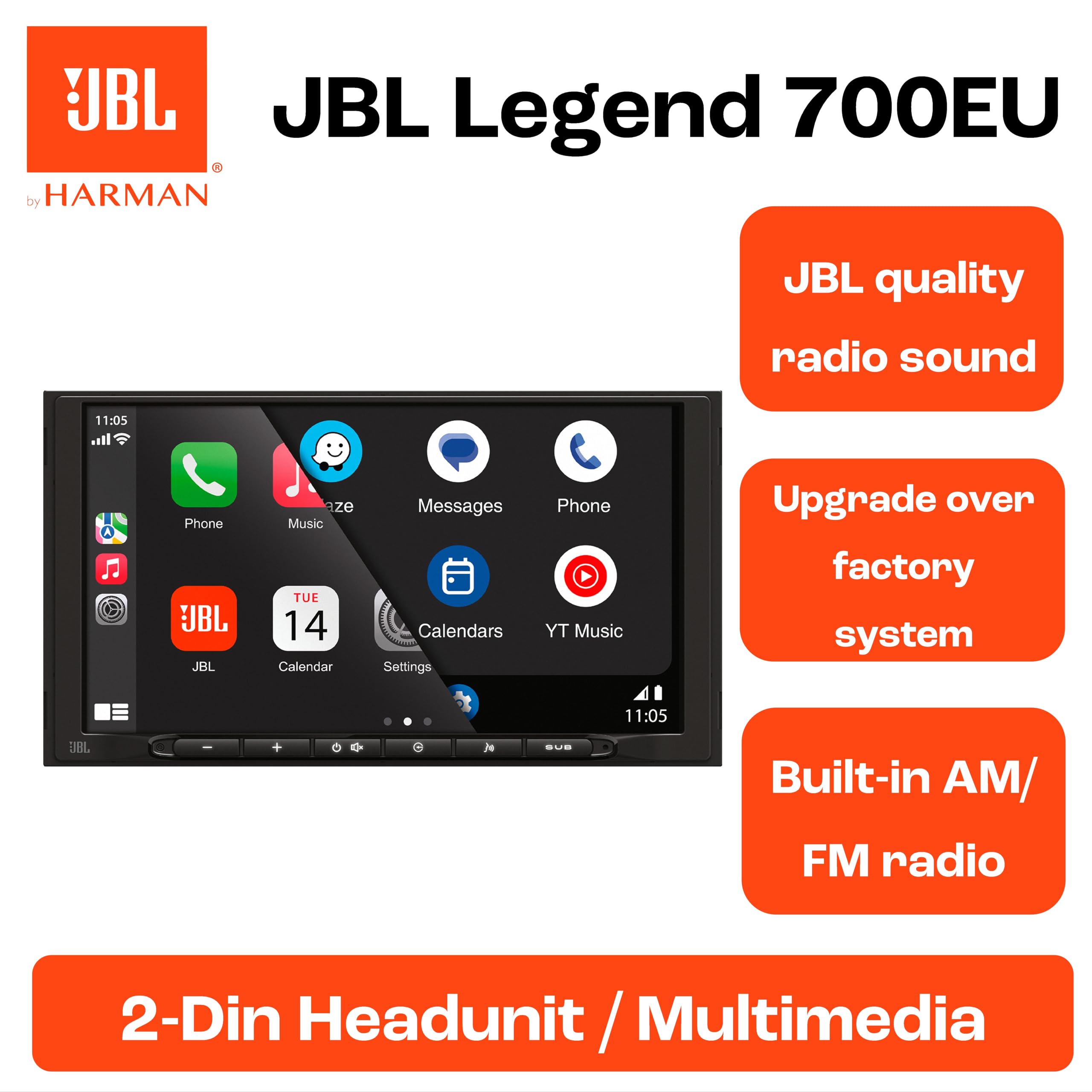 JBL Legend 700 autoradio 2-DIN multimediale, schermo touchscreen 7 pollici, Apple CarPlay & Android Auto wireless, Bluetooth, 4x50 W, preout 4V, FLAC, equalizzatore parametrico