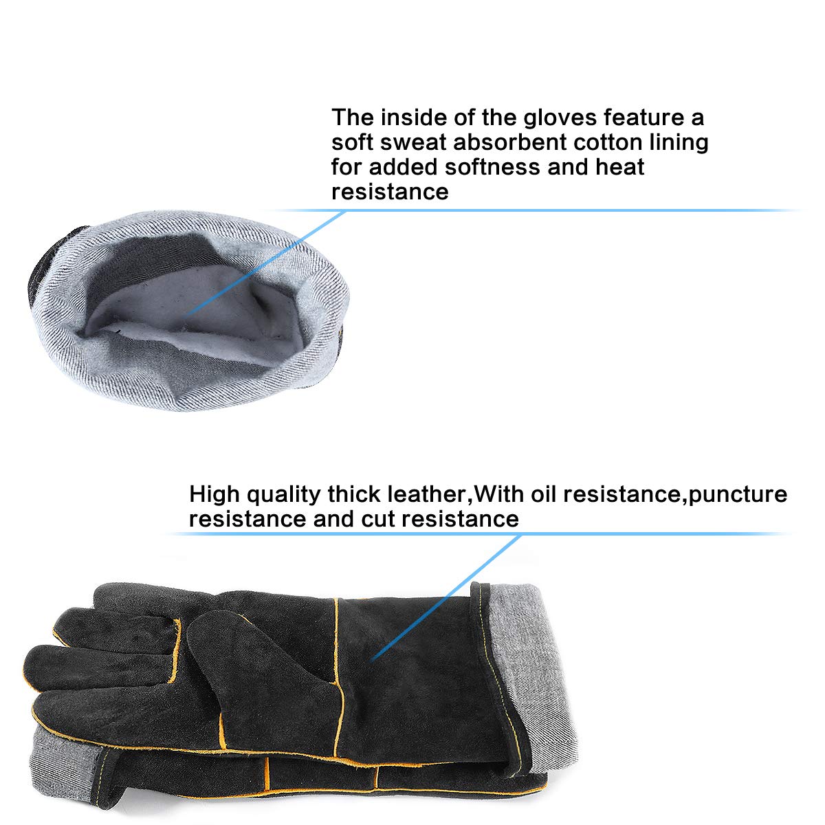 Gants de Soudeur en Cuir 932 °F Gants de Travail Haute Température pour Soudage BBQ Cuisine Four De Cuisson Jardinage