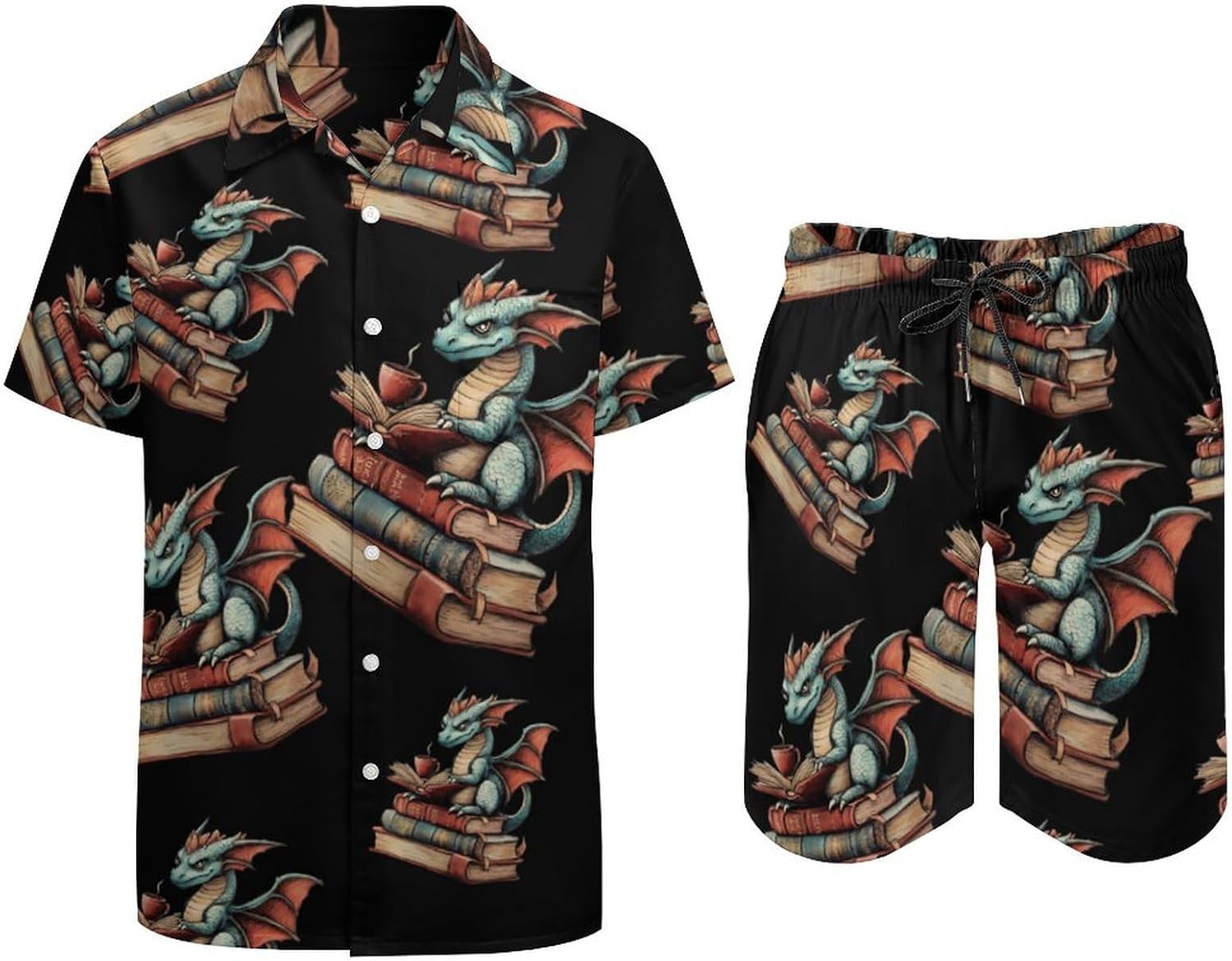 Dragon Sitting on Top of Books Men's Summer Beach 2 Piece Outfits | hawaiian button down shirt and shorts,vacation cruise,mens bathing suit