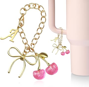 Gold Letter Charms with Bow and Cherry for Stanley Cup Accessories,for Stanley Handle 40Oz Tumblers,Water Bottle CupInitial Keychain for Women