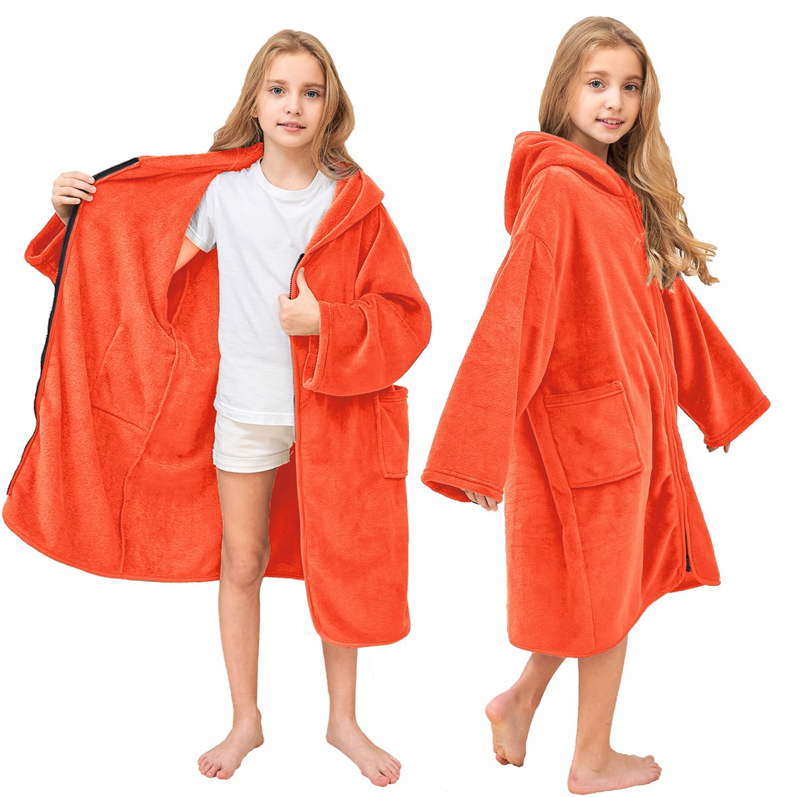 Hiturbo Kids Bath Towel Hoodie: Soft Plush Zipper Surf Poncho - Warm Fleece Changing Towels Swimming Outerwear (Orange)