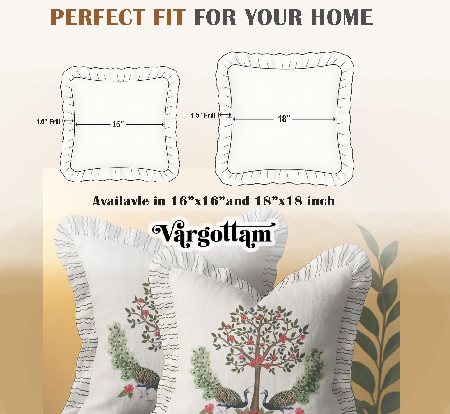 Set of 2 Cotton Twill Pillow Covers - Tree Pattern, 16x16 Frill Cushion Covers with Hidden Zipper, Reversible Print, Rustic Farmhouse Decor