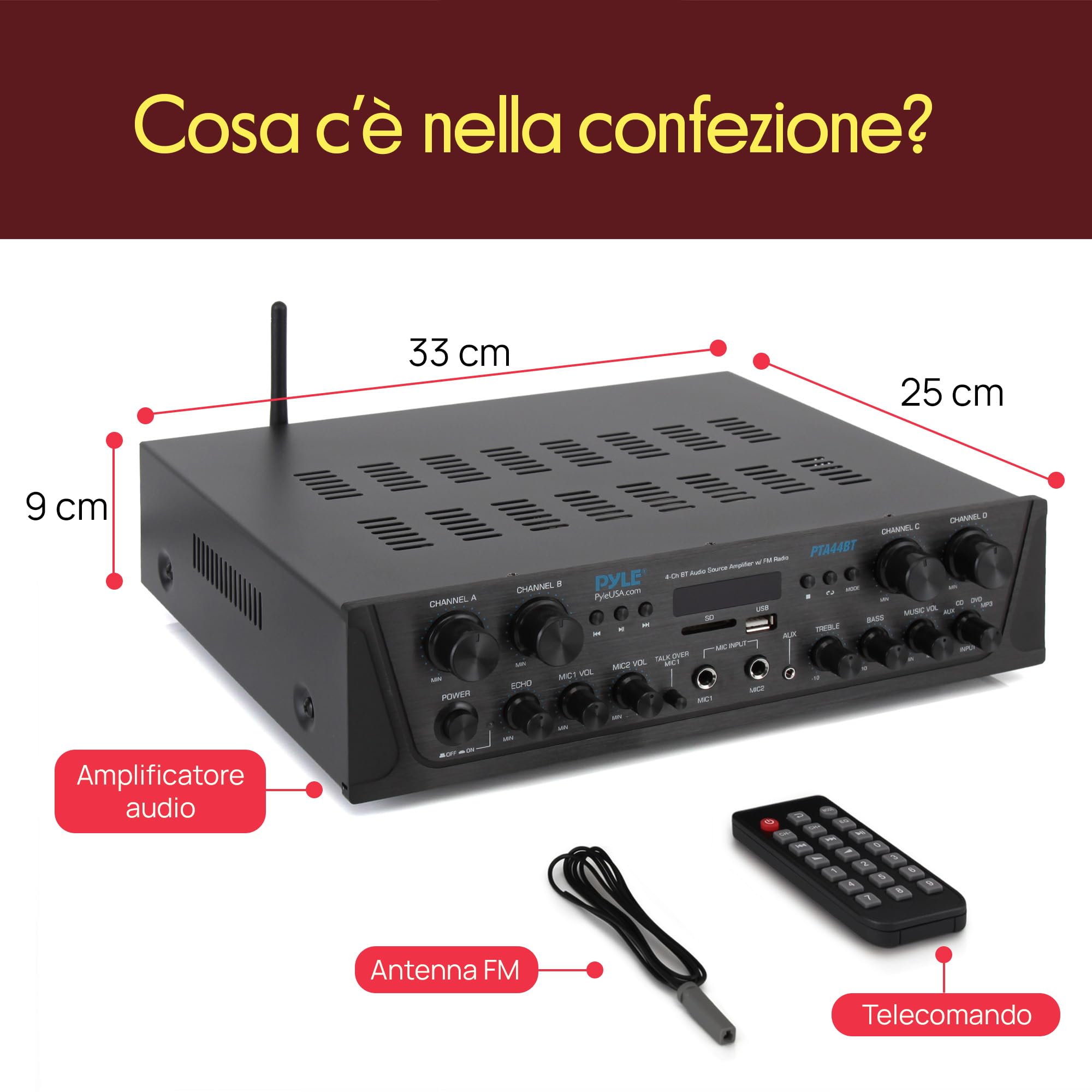Pyle Amplificatore Karaoke Bluetooth Wireless 500 Watt, Audio Stereo 4 Canali con AUX, Radio FM, USB, Microfono In