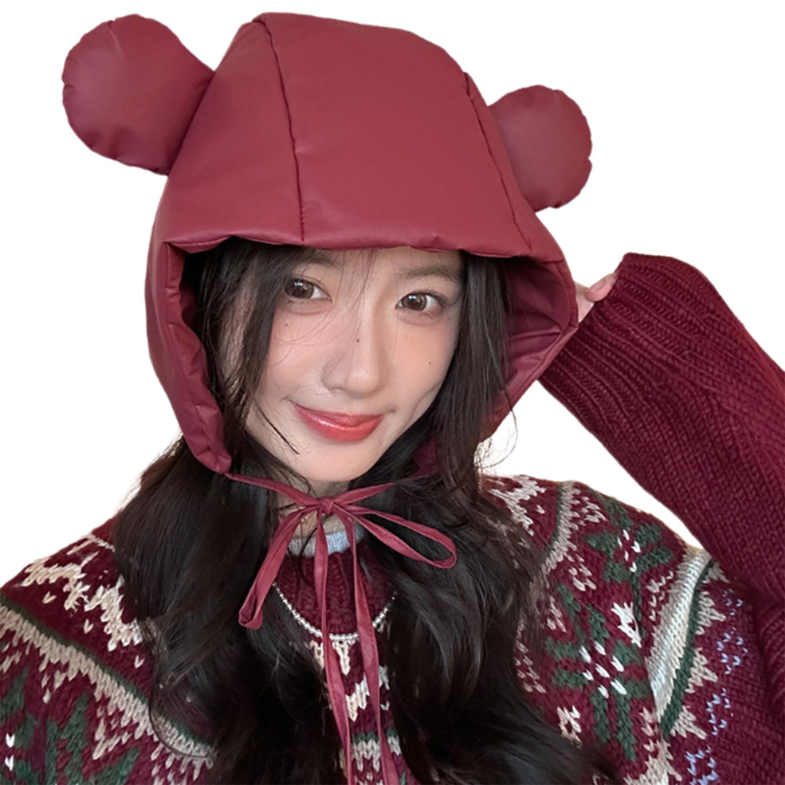 GRABAGECAN Unisex Warm Hat Trapper Hat Cartoon Bear Warm Hat Down Hat for Outdoor Winter for Skiing Camping Hiking Claret