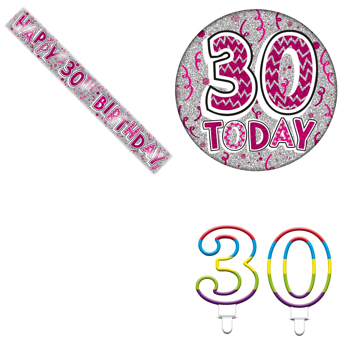 Age 30 Pink And Silver Holographic Shiny 30th Birthday Party Kit Set (Banner, Badge, Candle)