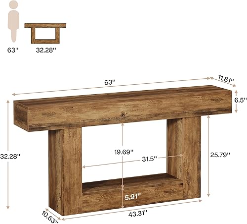 Miniatura 2 de Tribesigns Mesa consola de 63 pulgadas de largo, mesa de entrada de 2 niveles con almacenamiento, mesa de madera de granja detrás del sofá para sala