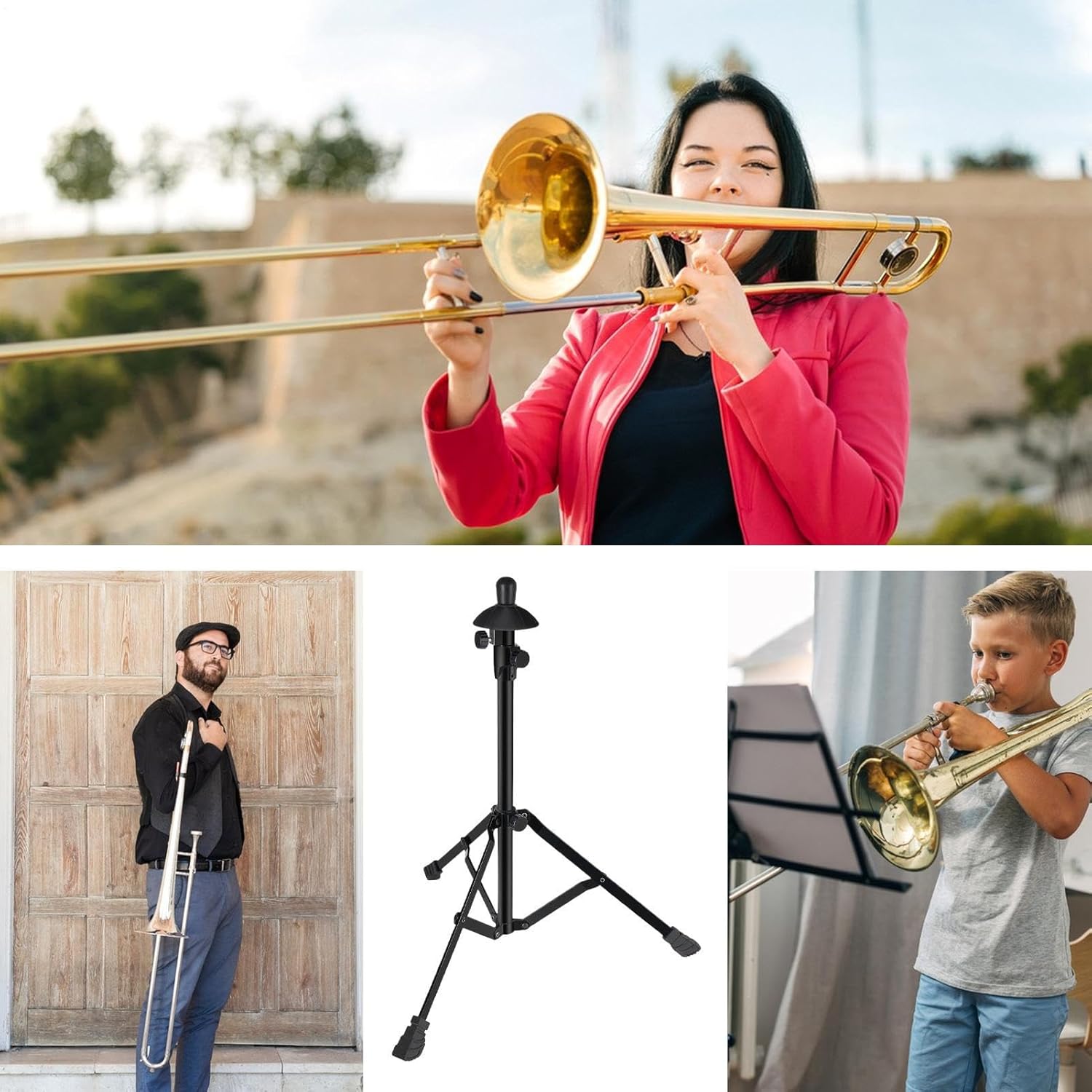 Instrument Stand Bracket - Adjustable Trombone Holder, Triangular Music Support, Heavy Duty Foldable Design With Anti Slip Feet | Ideal For Concert Stage Recording Studio School Home Practice Use
