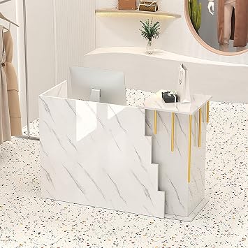 Cashier bar Front Desk Company Counter Front Desk Wooden Computer Desk Reception Table with Lockable Drawers Reception Desk with Counter for Lobby Beauty Salon Office Clothing Store.White