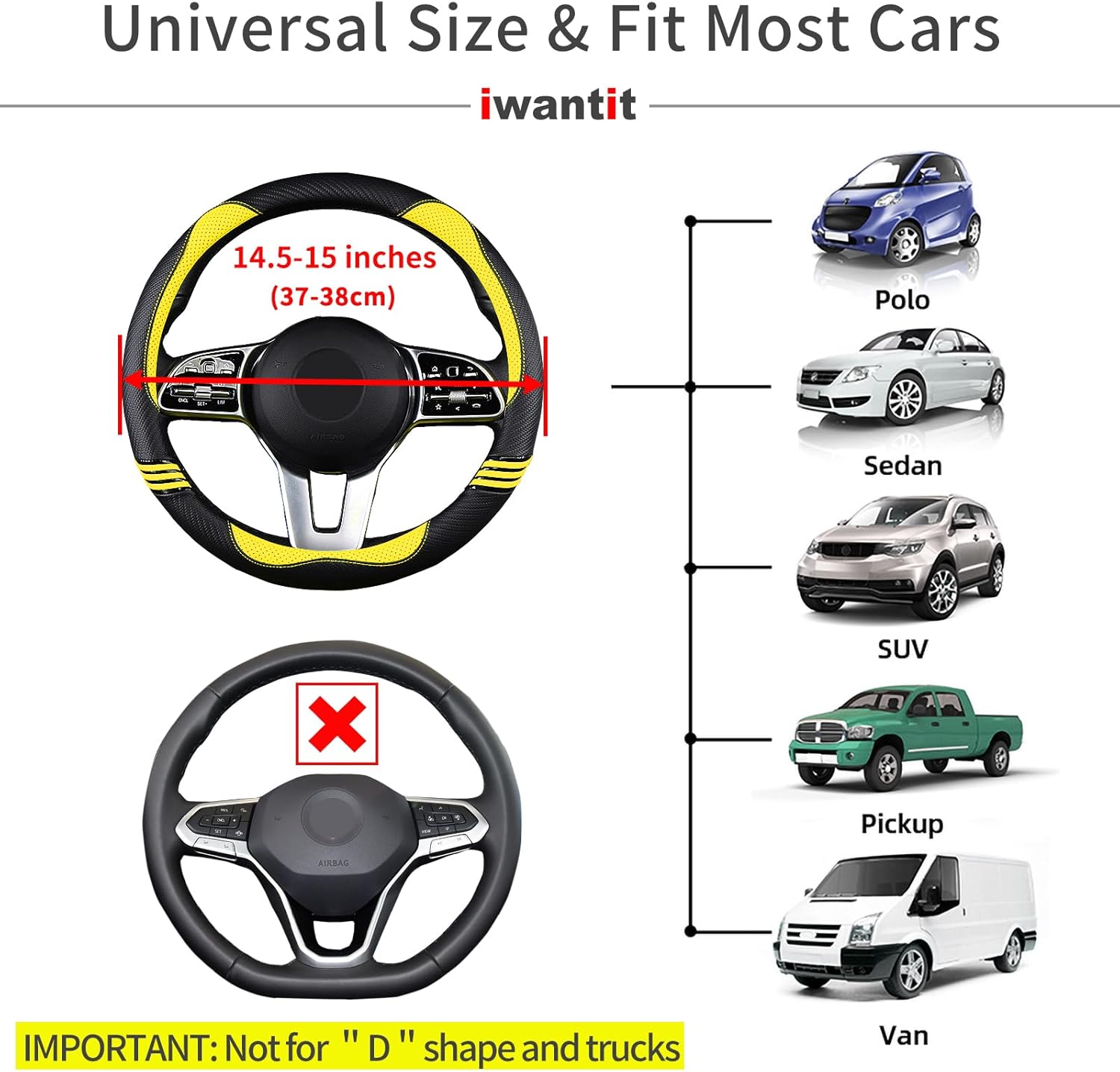 Iwantit® Steering Wheel Covers with Leather and Anti-Slip Rubber Ring, Universal Fit 14.5-15 inches for Cars,SUV (Yellow/Black) - Image 5