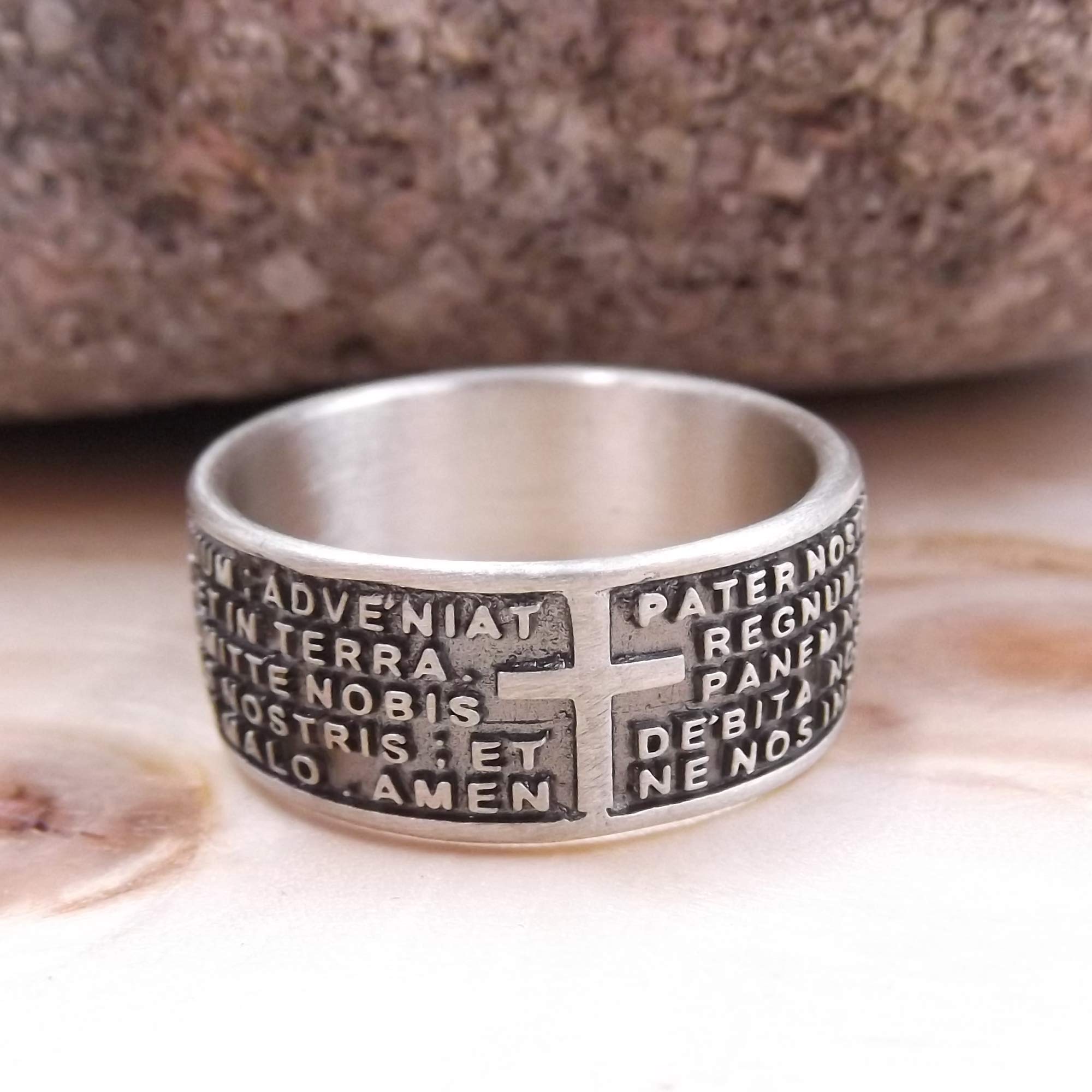 Gioielli Aurum - Ring für Herren und Damen, 925er Silber, Vaterunser lateinisches Gebet, religiös, brüniert, handgefertigt, hergestellt in Italien, nickelfrei, hypoallergen, Geschenkidee für Jungen