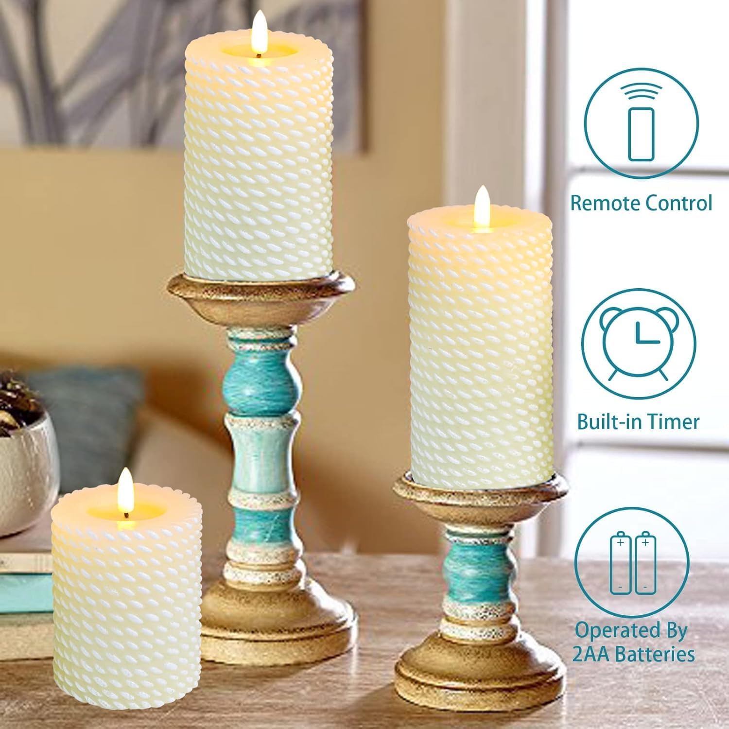 Crystal Club White Flameless Candles,Corded Pattern Carving Battery Operated Candles with Remote Control LED Pillar Candles for Wedding Holiday Home Tabe Décor