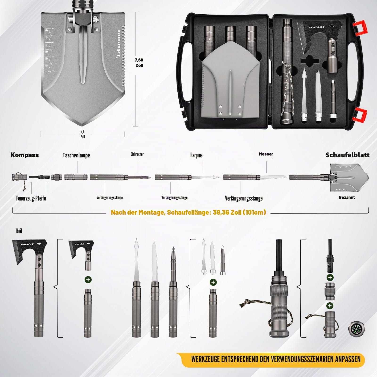 1.0 Multifunktionale Outdoor-Klappschaufel mit Einstellbarer Ausrüstung aus Kohlenstoffstahl, geeignet für Outdoor-Camping-Wandern und Überlebensnotfälle