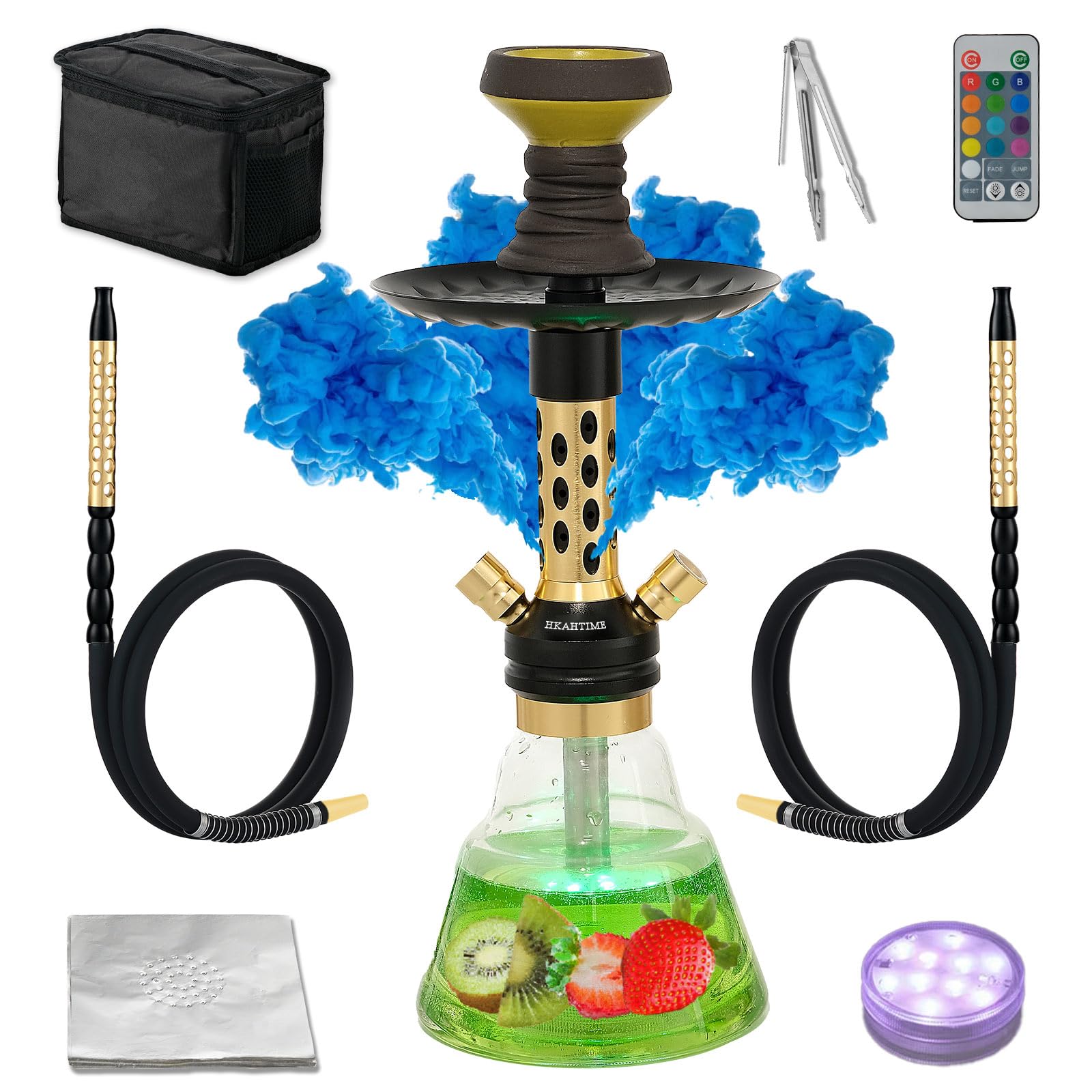 Portable Hookah Set with Complete Hookah Accessories Set Upgraded Silicone Hookah Hose Ceramic Bowl Glass Vase Pre-punched Holes