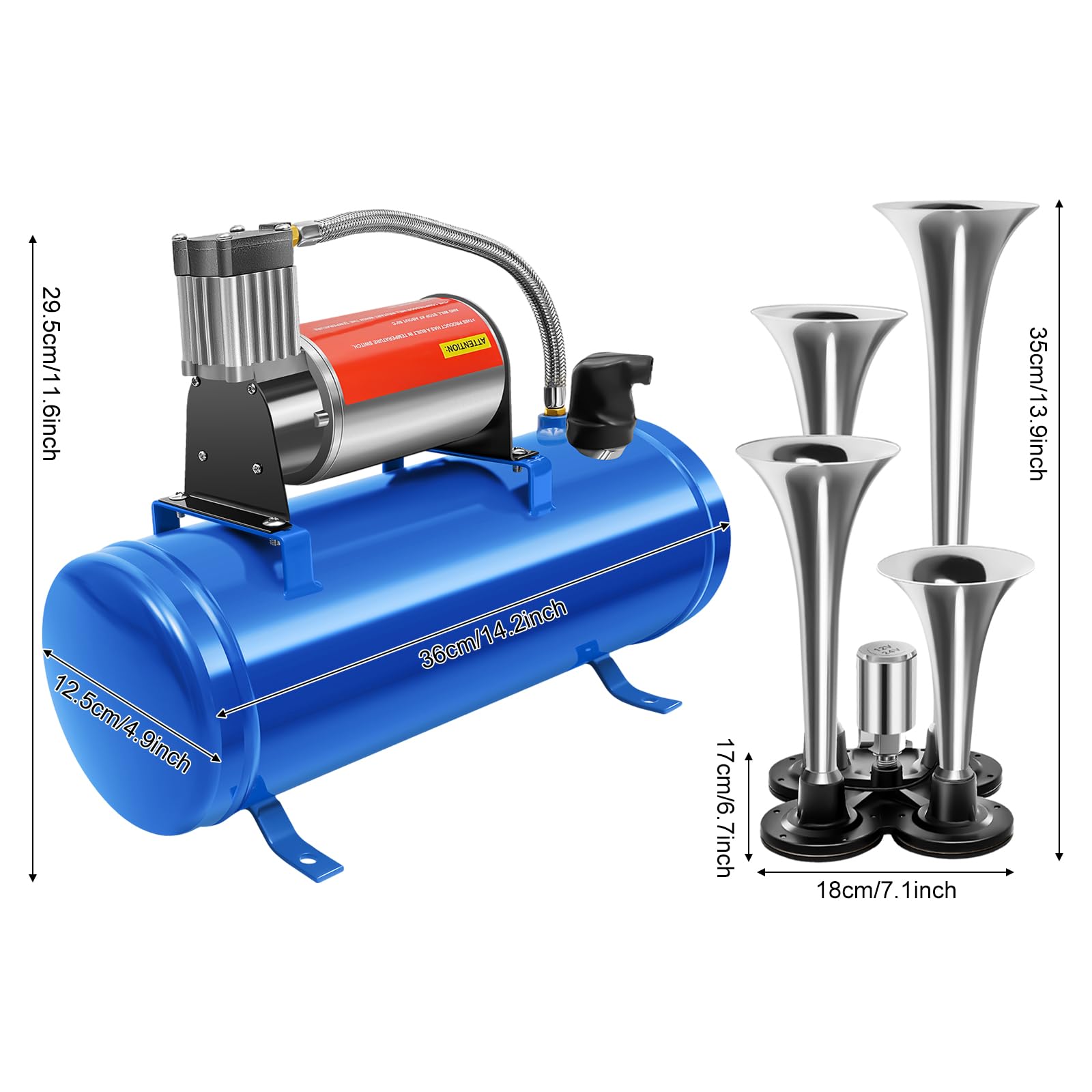 Compressore d'aria da 150 dB, 12 V, 4 Trumpet Train Air Horn Kit e compressore d'aria da 150 PSI con serbatoio da 6 l, per auto, camion, treno, furgoni, barche, blu