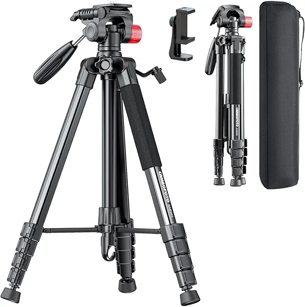 CAMBOFOTO 74"-Camera-Tripod, Porfessional Aluminum Heavy Duty Tripod Stand for Mirrorless Camera/DSLR/Cell Phone/Camcorder, with Holder and Travel Bag