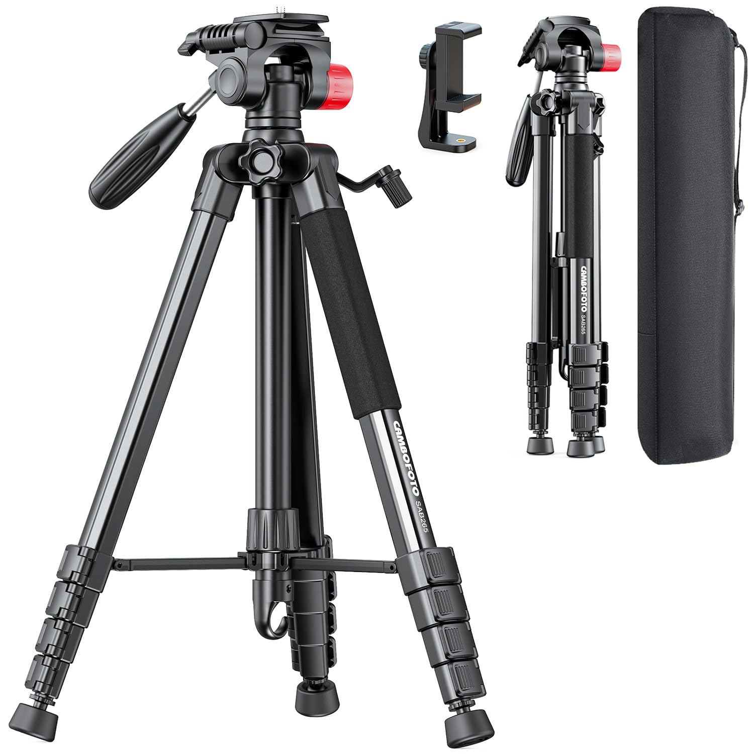 CAMBOFOTO 74"Camera Tripod, Aluminum Stand, Compact Travel Tripod,3 Way Pan Head with Quick Release Plate, Smartphone Holder and Bubble Level, Support for DSLR/Mirrorless Camera/Mobilephone/Vlogging