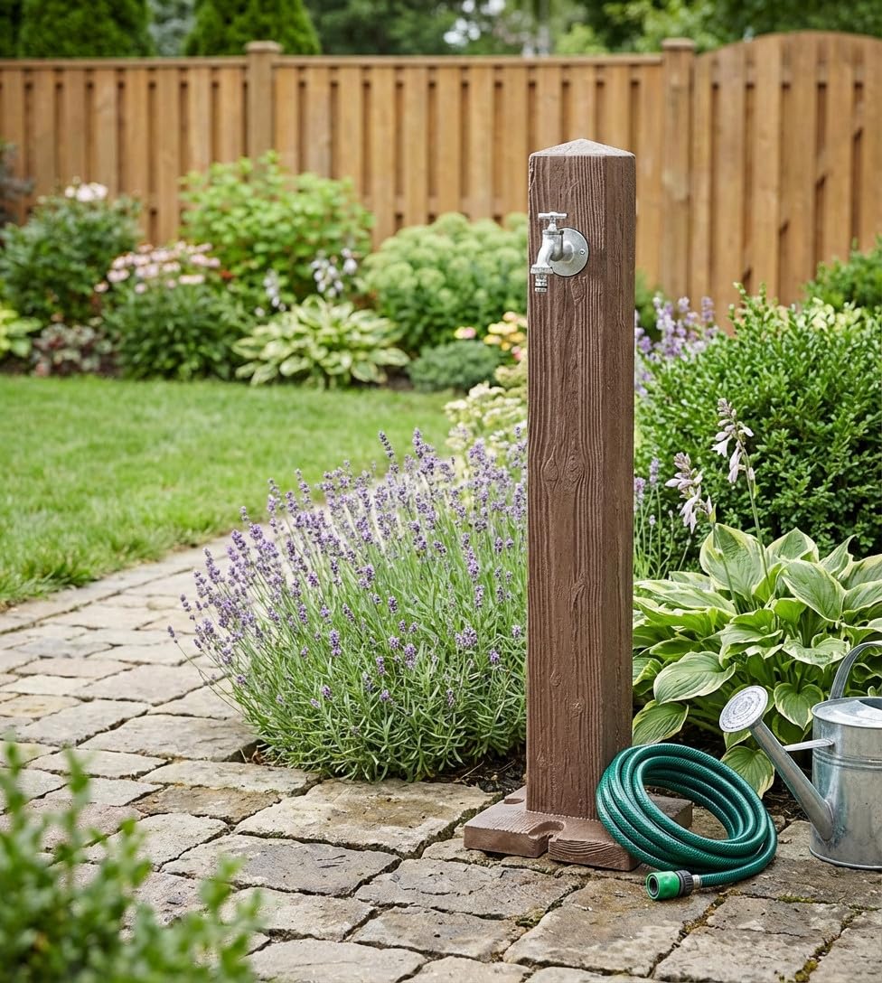 Fuente de Jardin Decorativa Imitación Madera Oscura + Grifo, Altura 100 cm | Fuente de Agua Rustica para Decoración Exterior | Fuentes para Jardines
