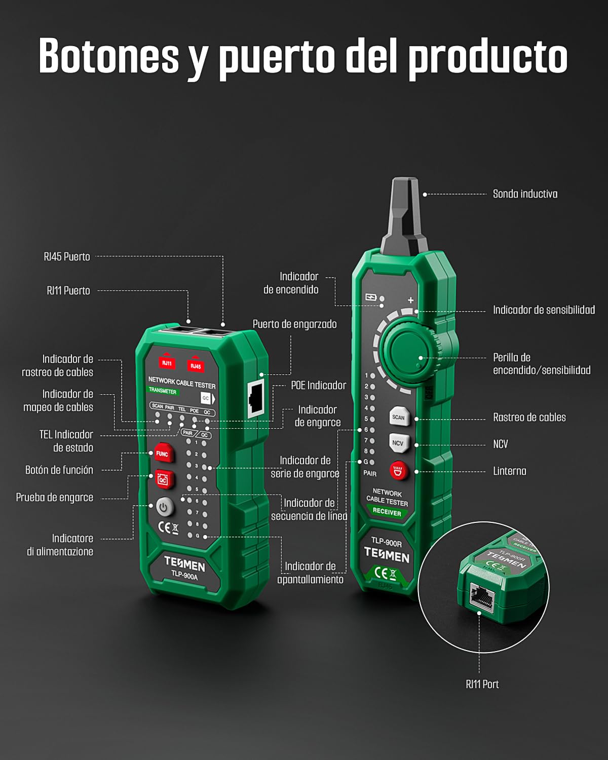 TESMEN TLP-900AR Comprobador de cables de red, RJ11 RJ45, para CAT5/6/POE/STP, con emparejamiento, Continuidad, QC&NCV, apto para Ethernet, Teléfono, mantenimiento y clasificación de cables -verde