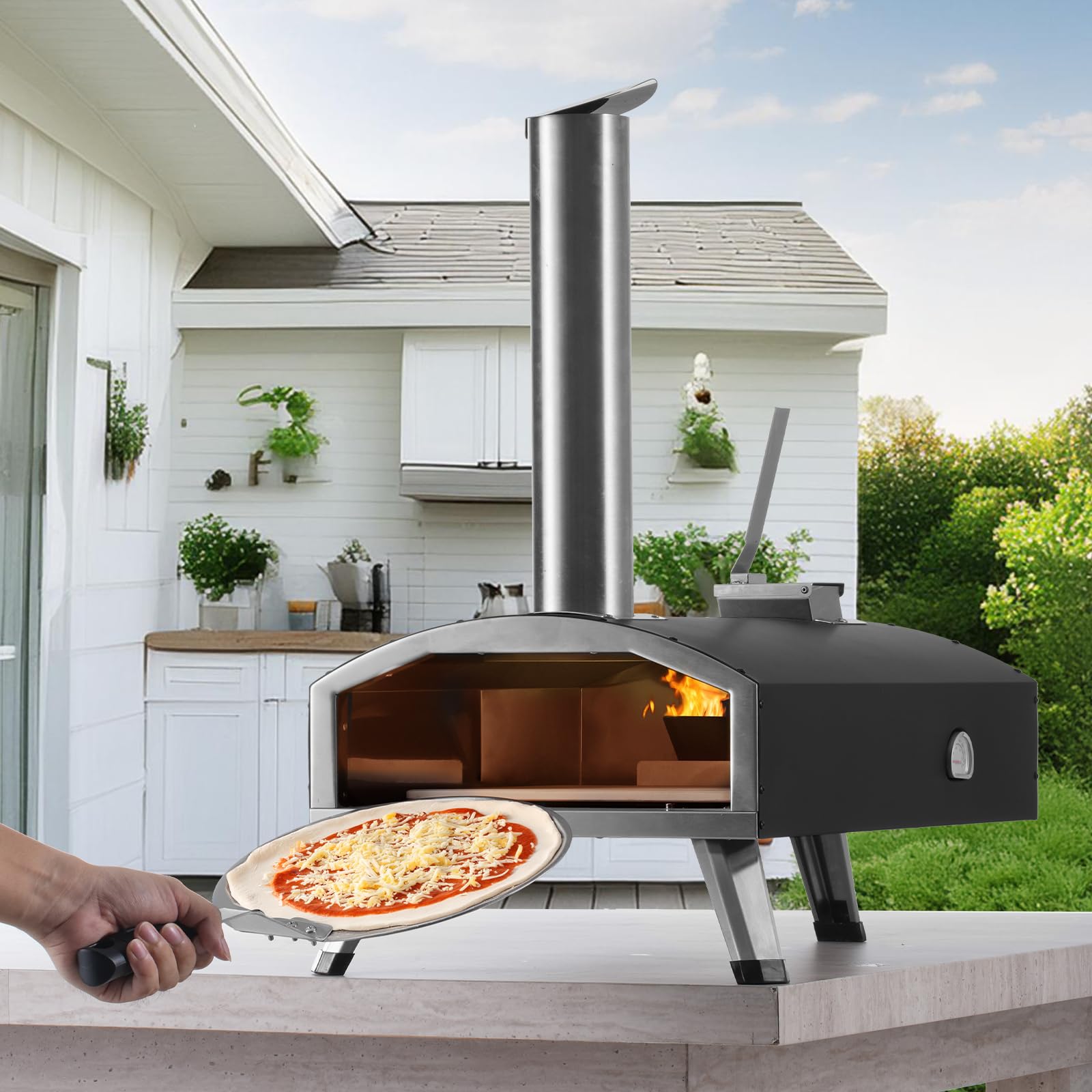 VEVOR Forno Portatile per Esterni 304 mm, Tri-Fuel Pellet Trucioli Carbone, Griglia Pizza con Pietra e Copertura, Nero