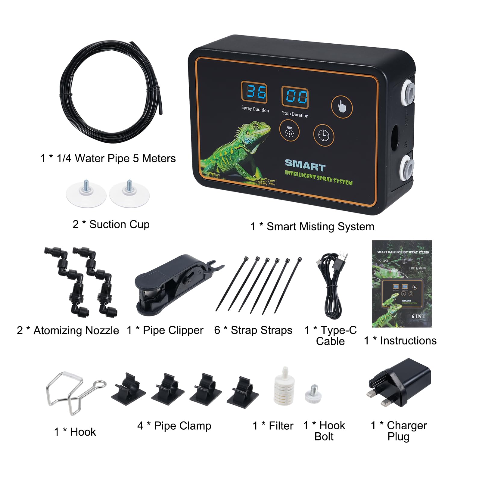 Weytoll Sistema de nebulización inteligente para reptiles, sistema de pulverización inteligente, 2 boquillas de pulverización, gancho de ajuste de 360 ° o ventosa, spray programado para tanque,