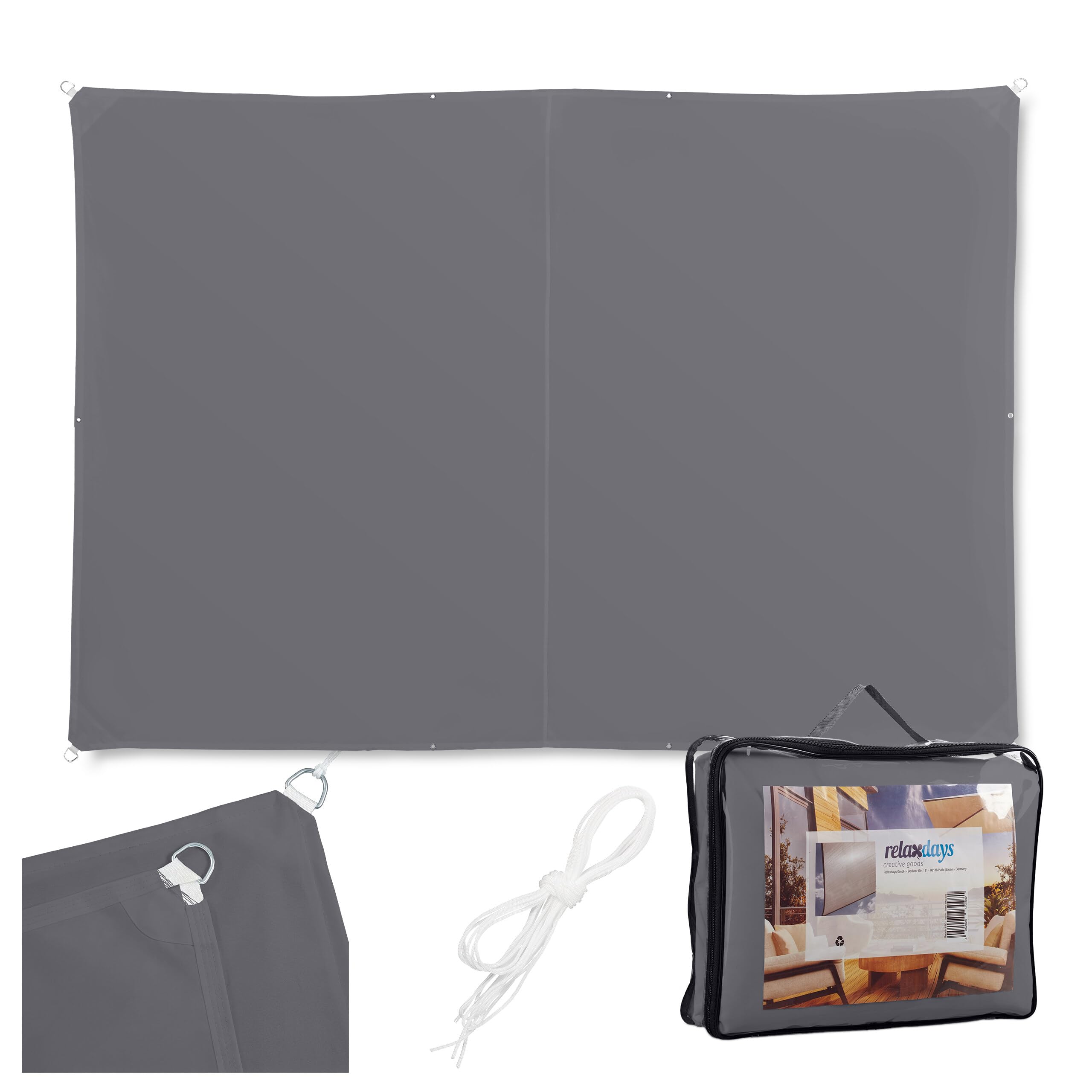 Relaxdays Sonnensegel, 3,5x4,5 m, Polyester, wasserdicht, Segeltuch Ösen & Spannseile, Sonnentuch rechteckig, dunkelgrau