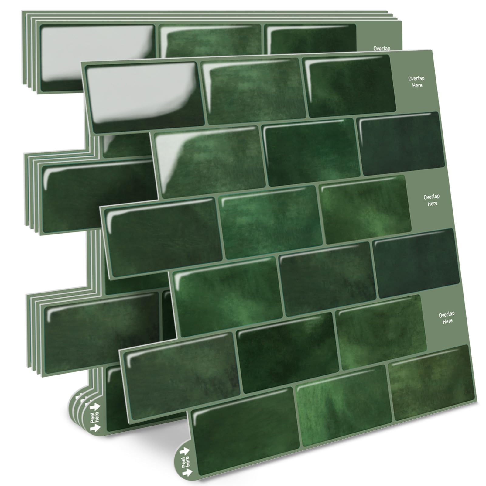 Thicker Self Adhesive Wall Tile 3D Peel and Stick Tiles Stick on Tiles Waterproof Tile Stickers Splash Back for Kitchen, Bathroom, Living Room, Sink, RV, 10-Sheets - Green 12 x 12 in