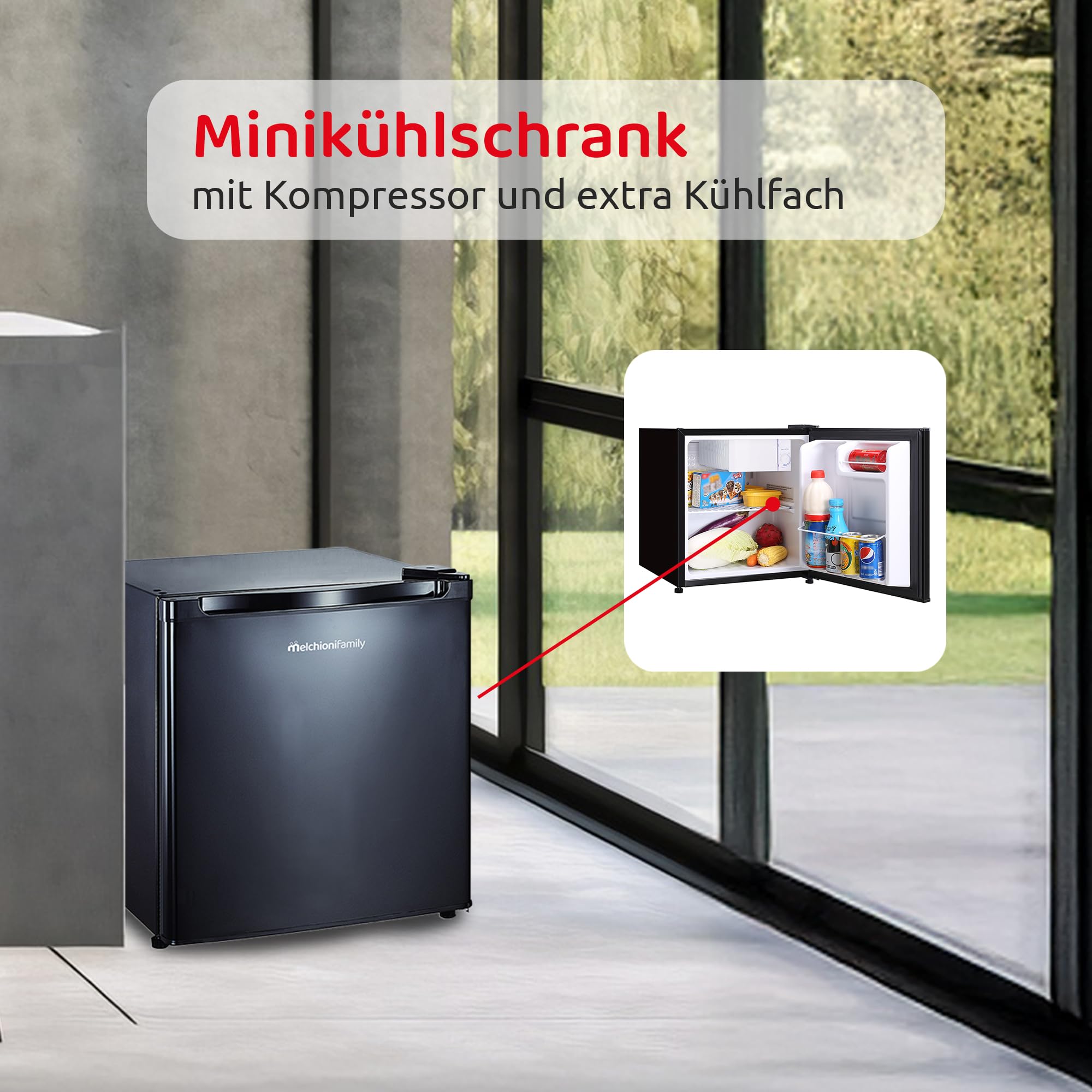 Familie Melchioni | Mini-Kühlschrank mit Kompressor 46L mit mechanischer Steuerung, 6 Temperaturstufen und extra Frischefach, kompakt, leistungsstark und effizient [Energieeffizienzklasse E]
