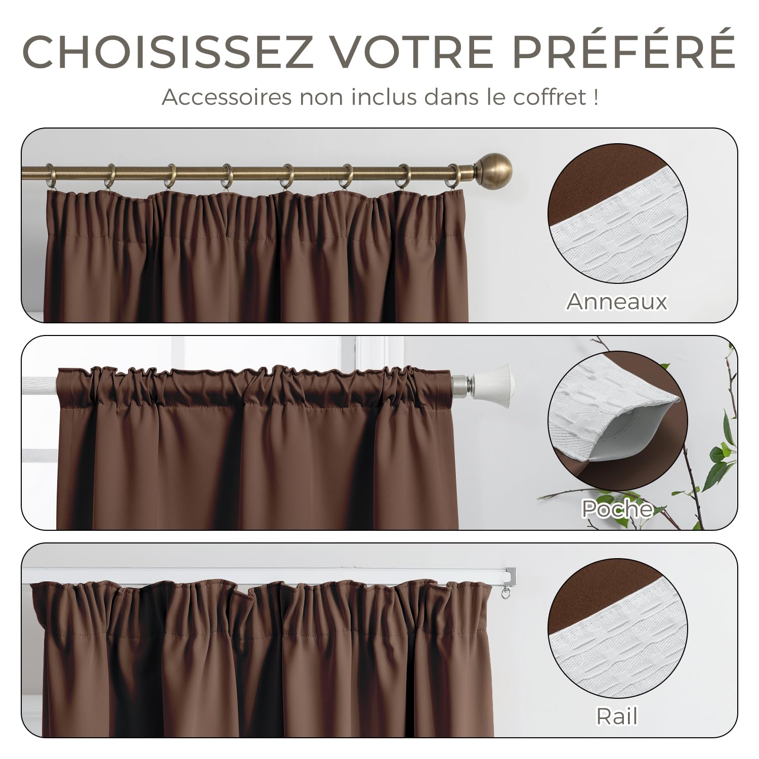 Rideau Occultant Thermiques Isolant 140x175(LxH) Lot de 2 avec Galon Fronceur Anti Froid et Chaleur, Rideaux Opaque Anti UV Décoration Intérieure Chambre Salon Braun
