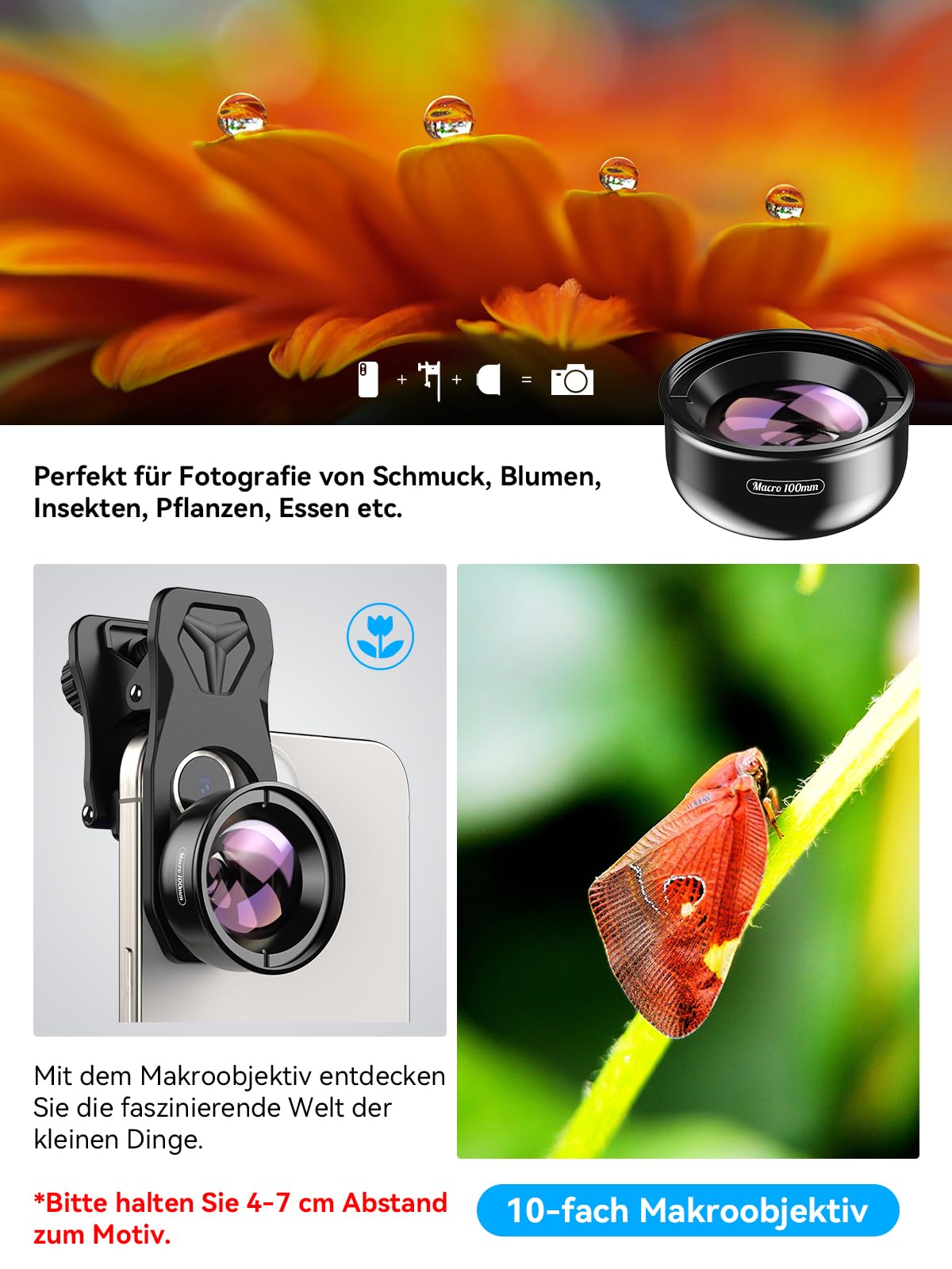 Apexel HD-Objektiv, 100 mm Makroobjektiv für iPhone X/8/8Plus/7/Plus, Samsung Galaxy S10/S10 Plus, Huawei und die meisten Smartphones