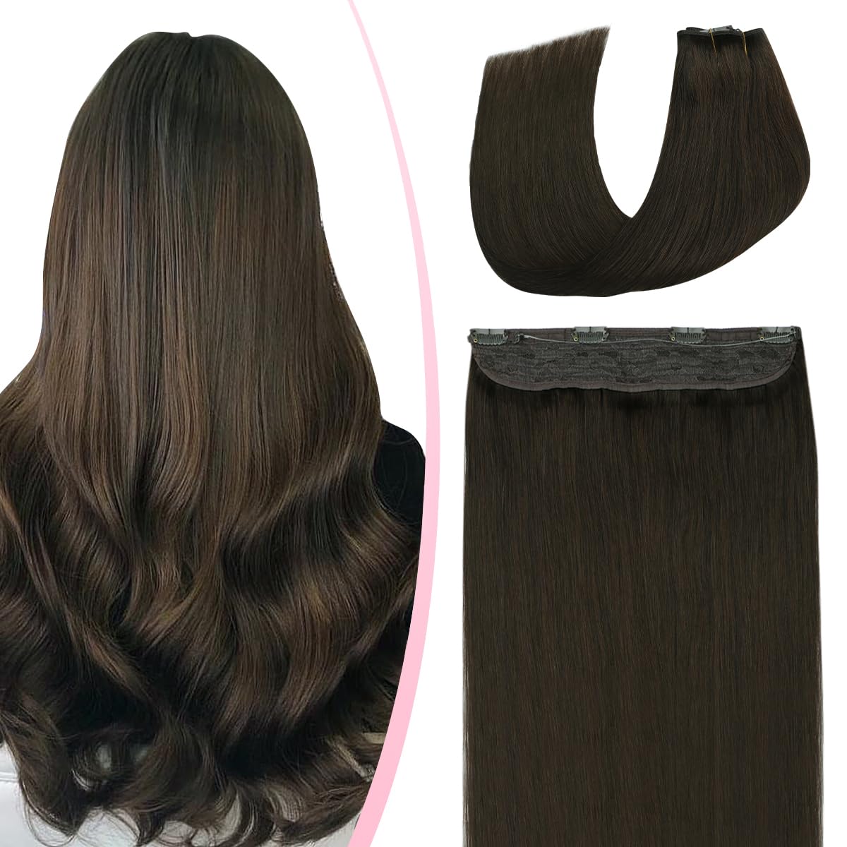 SURNEL 22 inch Fish Line Hair Extensions Color 2 Darkest Brown Wire Hair Extension No Tangle No Shedding Wire Hair Extensions Human Hair 80g(#2,22inch