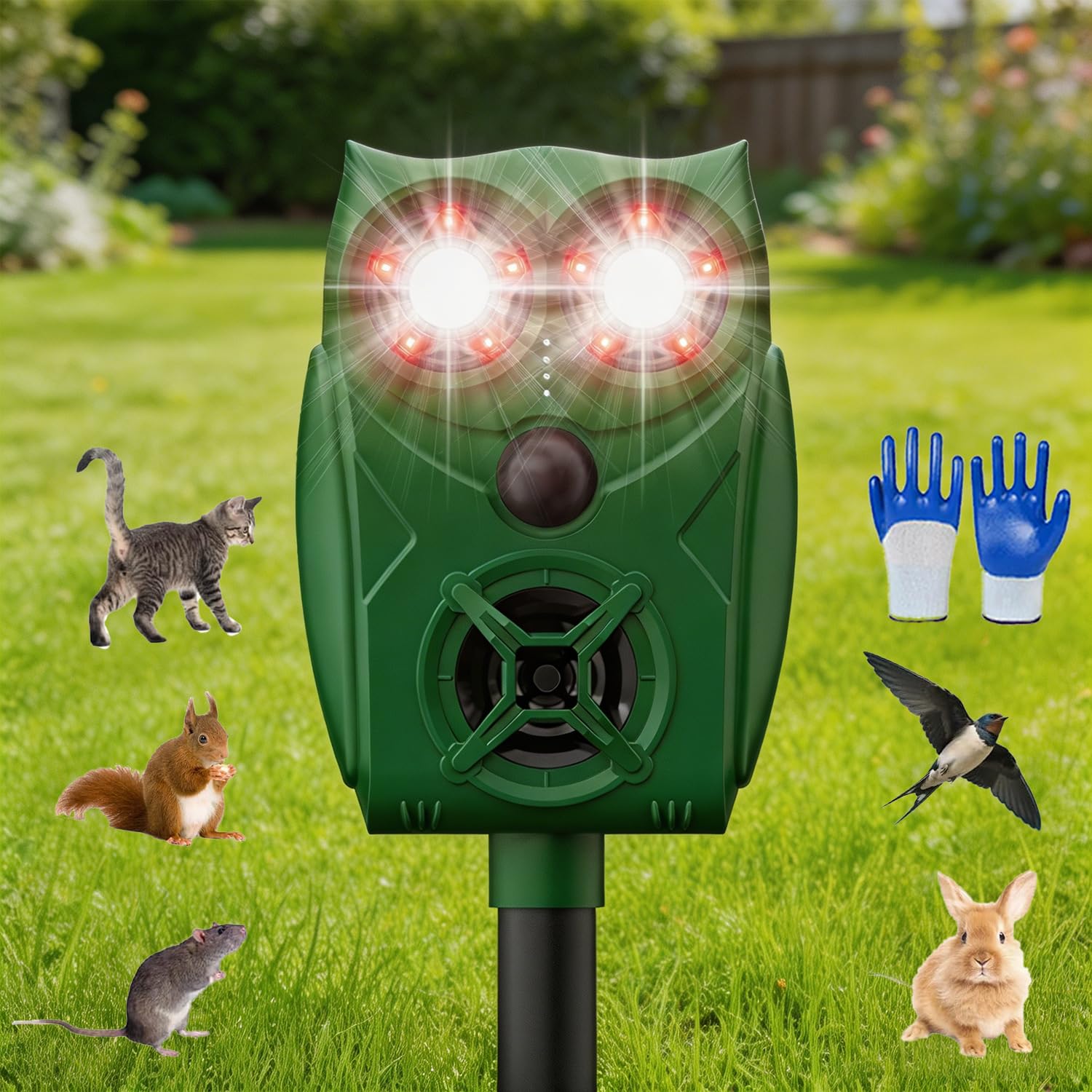 Repellente per gatti per giardini UK, sensore PIR LED flash con 5 modalità, ricarica solare e USB, spaventapasseri per animali a ultrasuoni, impermeabile IP65, deterrente per esterni, per gatti, volpi