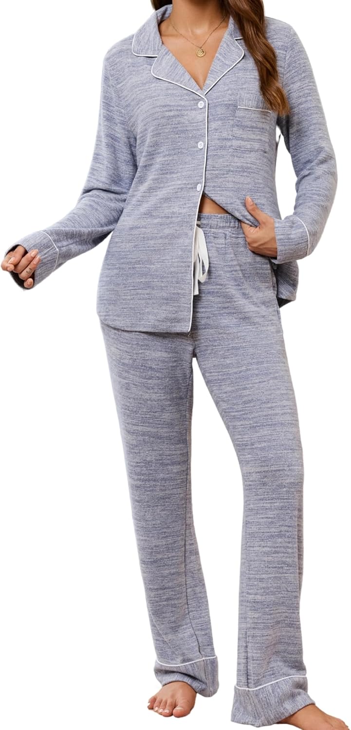 Leikar Button Up Pajama Set For Women Long Sleeve Shirt And Pajama Pants Soft Pjs Lounge Sets - Image 2