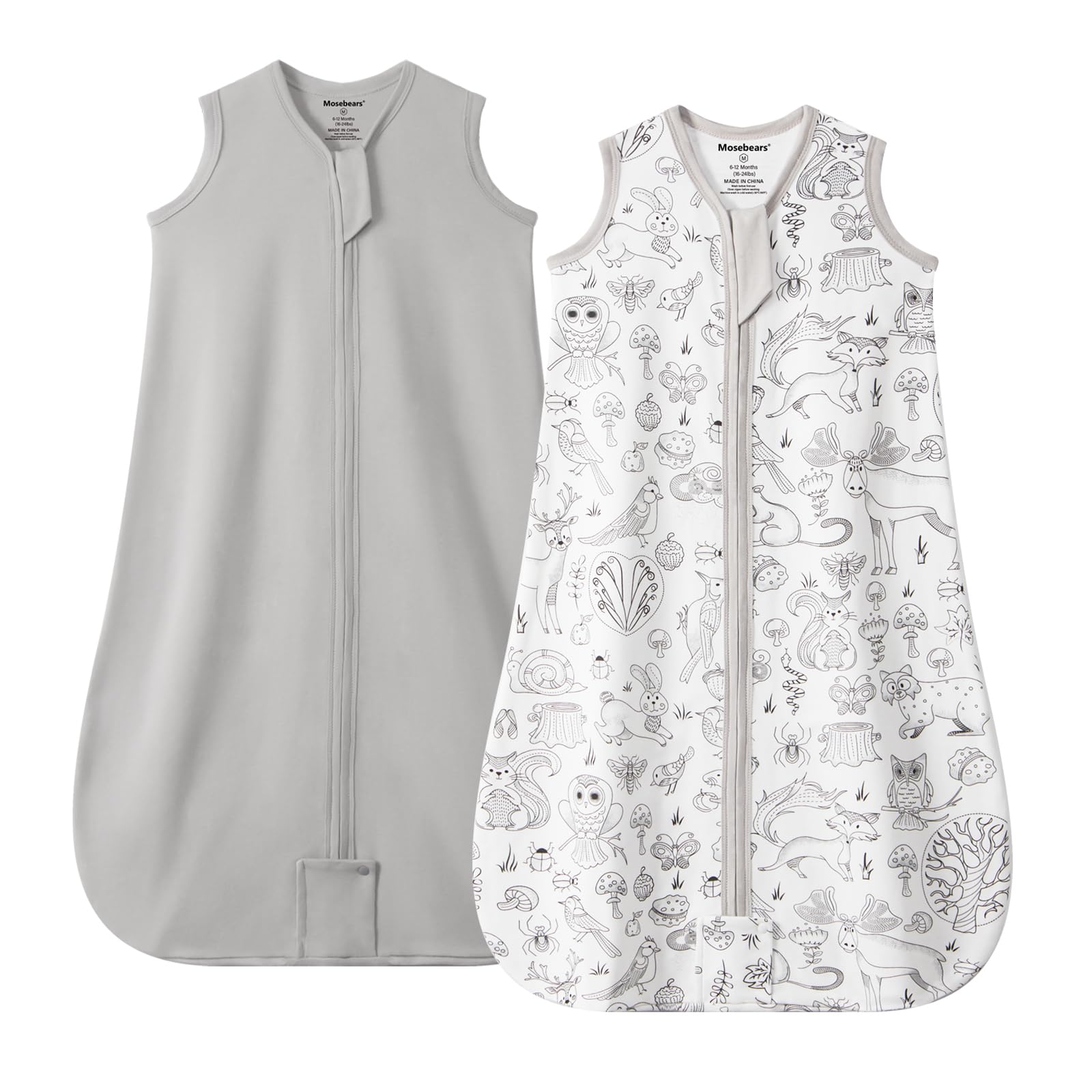 Mosebears Sacco nanna estivo per bambini, 0,5 Tog, 100% cotone, traspirante, (Confezione da 2 pezzi grigio, XL (18-24 mesi)