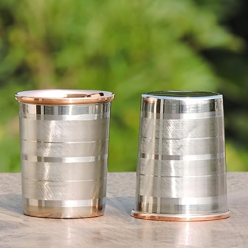 Miniatura 6 de Juego de 2 vasos exteriores de acero inoxidable e interior de cobre puro para beneficios de salud ayurveda, capacidad de 8.5 fl oz (patrón de