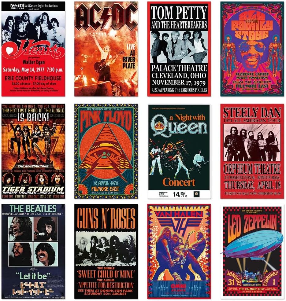 WOONKIT 60 pósteres vintage de banda de rock para estética de habitación, sala de música retro de los años 70, 80, 90, decoración de dormitorio, arte de pared, póster de concierto de
